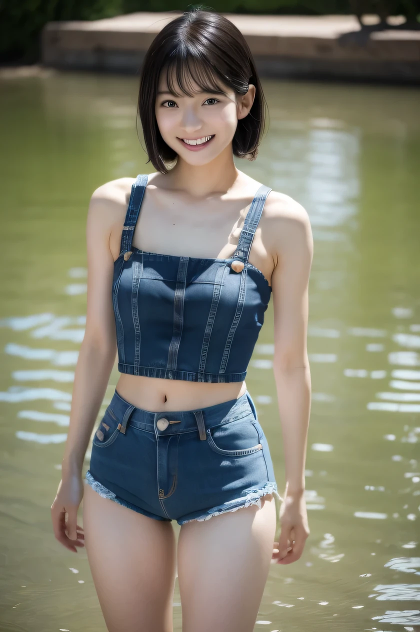 The beauty of 8K raw photos:2.0, Japanese woman, short hair, great face and dark eyes, looking down, looking at the viewer:1.5, big smile, wet hair, spread the legs wide, tiny top, (denim shorts:1.2), shinny skin, realistic:1.9, very detailed, cowboy shot from bottom:1.2, High resolution RAW color photos, professional photos, Taken at in the pond,
