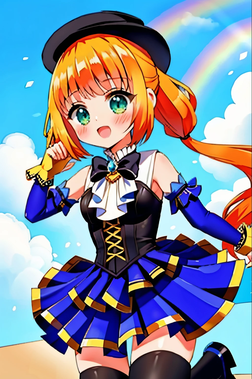 (masutepiece, Best Quality, hight resolution, ultra-detailliert:1.2), (Solo, 1girl in, Cowboy Shot), BREAK, Shigewin, orange hair, low twintails, Animal ears, hat, Long sleeves, gloves, Dress, Pants, leggins, Wings, BREAK, Smile, Open mouth, blush, (Jumping:1.3), (looking upwards, Looking at Viewer:1.2), BREAK, (Blue sky, Clouds, Outdoors, rainbow, Detailed background:1.3)