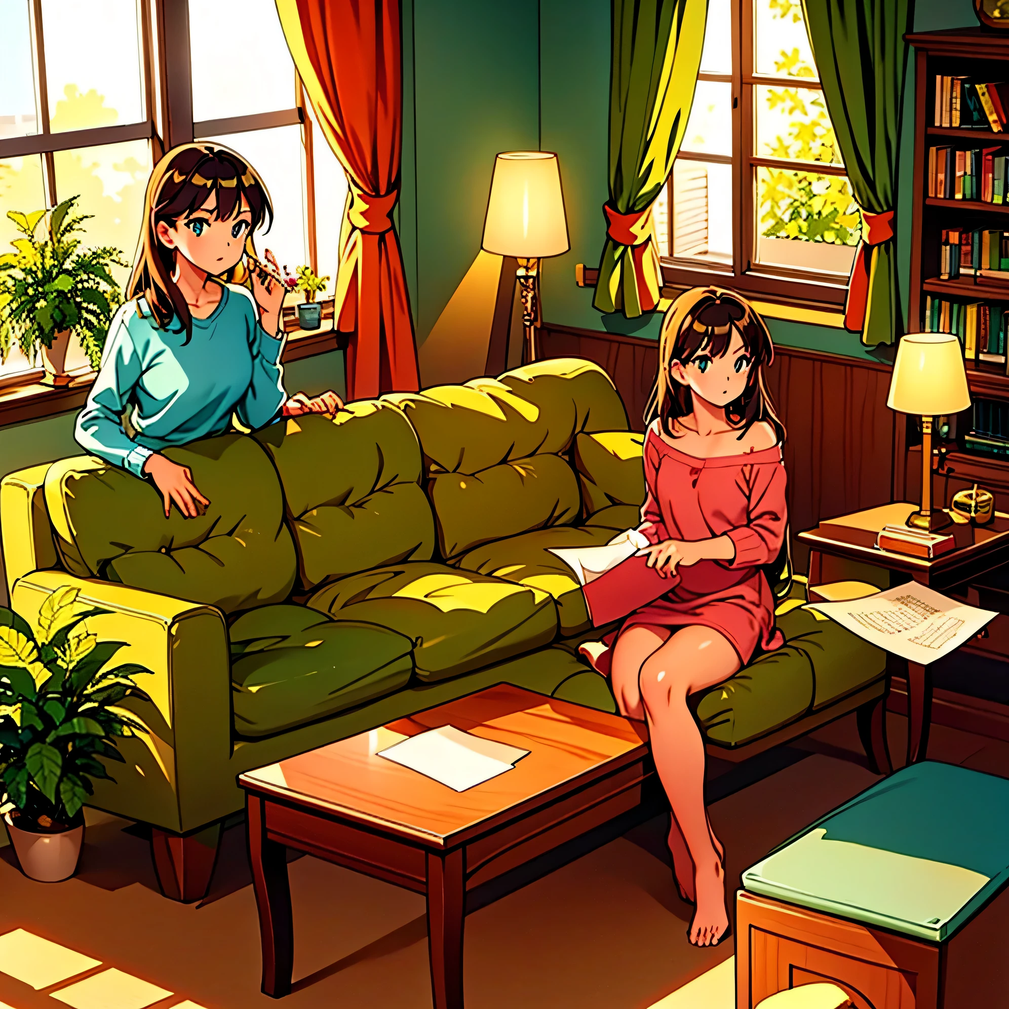 living room, couch, window, curtains, dappled sunlight, potted plant, table, cabinet,bookshelf, paper, desk lamp, typewriter, girl sitting on sofa