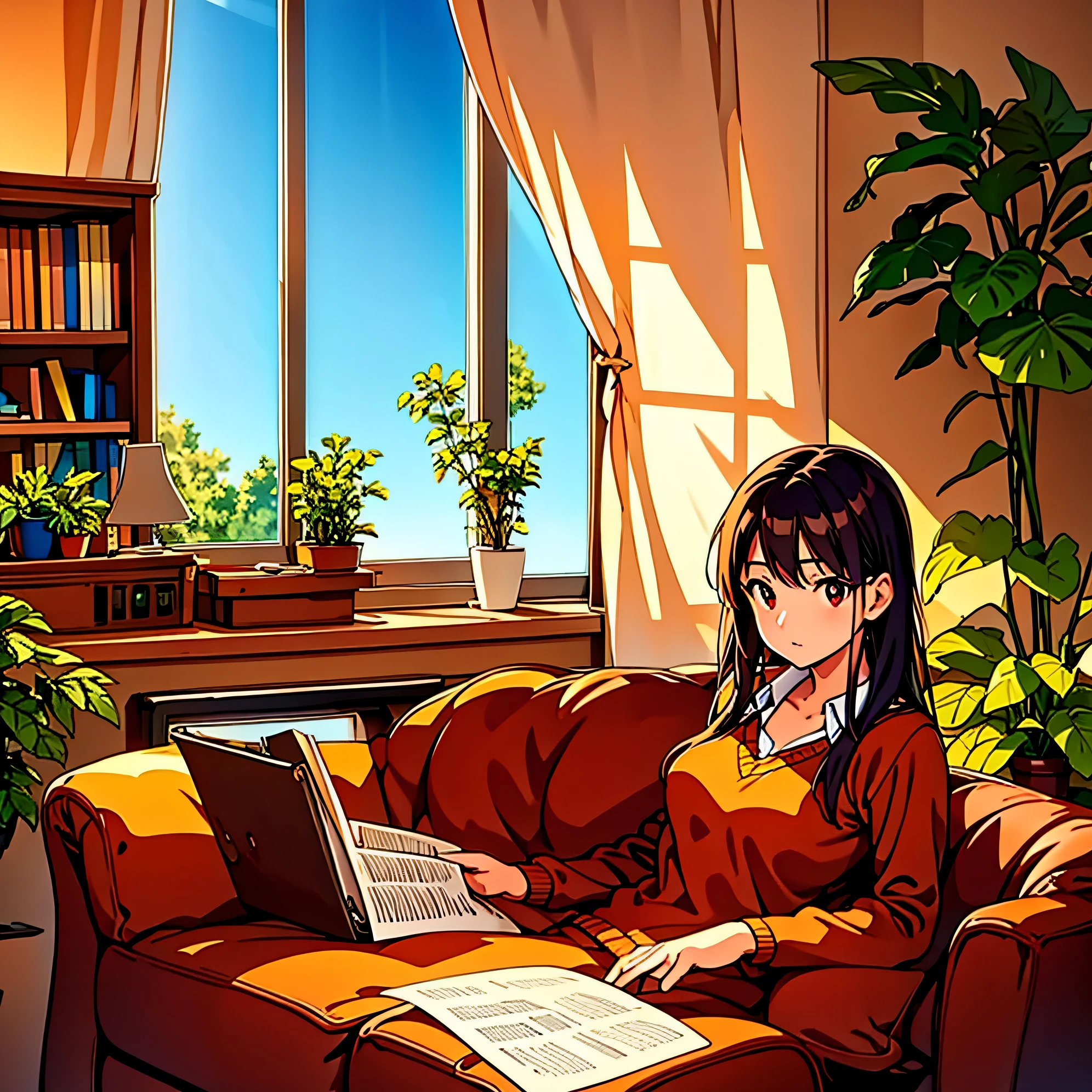 living room, couch, window, curtains, dappled sunlight, potted plant, table, cabinet,bookshelf, paper, desk lamp, typewriter, girl sitting on sofa