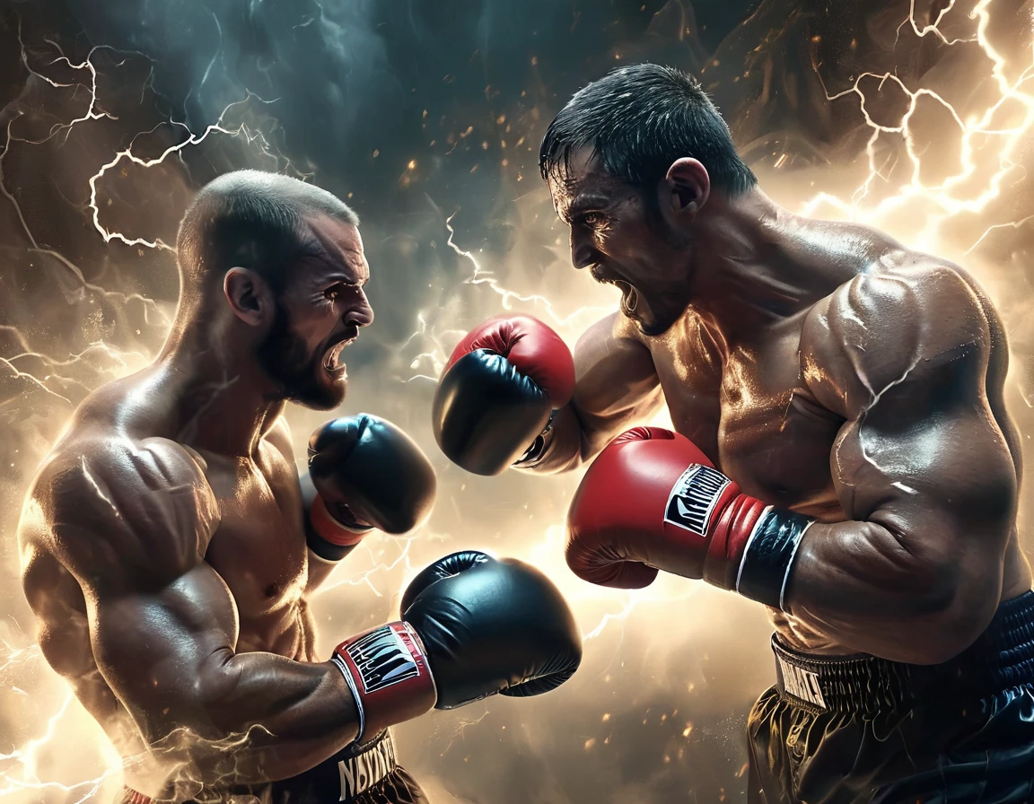 An old man boxing with the grim reaper, hyper realistic, masterpiece, epic background with lightning, HD 8k, detailed muscles and facial expressions, dramatic lighting, intense action, aged face, sweat dripping, wisps of ghostly smoke, fierce determination, heavy punches, dynamic poses, dark and moody atmosphere, stormy clouds, sparks and electricity, sharp focus on the characters, vibrant colors, high contrast, heavy shadows, powerful composition.