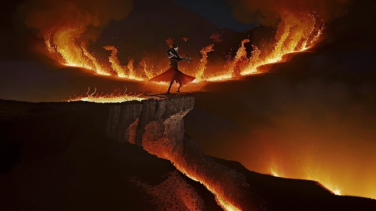 A man teetering on the edge of a fiery abyss, as profundezas infernais do inferno escancaradas abaixo dele. A paisagem ao seu redor era uma mistura assustadora de vermelhos e laranjas., with flames flickering and dancing in the background. The man's expression was angry., seus olhos arregalados e o olhar fixo no espectador. Suas roupas estavam esfarrapadas e chamuscadas. O ar estava denso com o cheiro acre de enxofre, and the ground beneath him was unstable, cedendo a cada passo. From a distance, demons and tortured souls could be heard wailing and screams echoed across the mountains.
