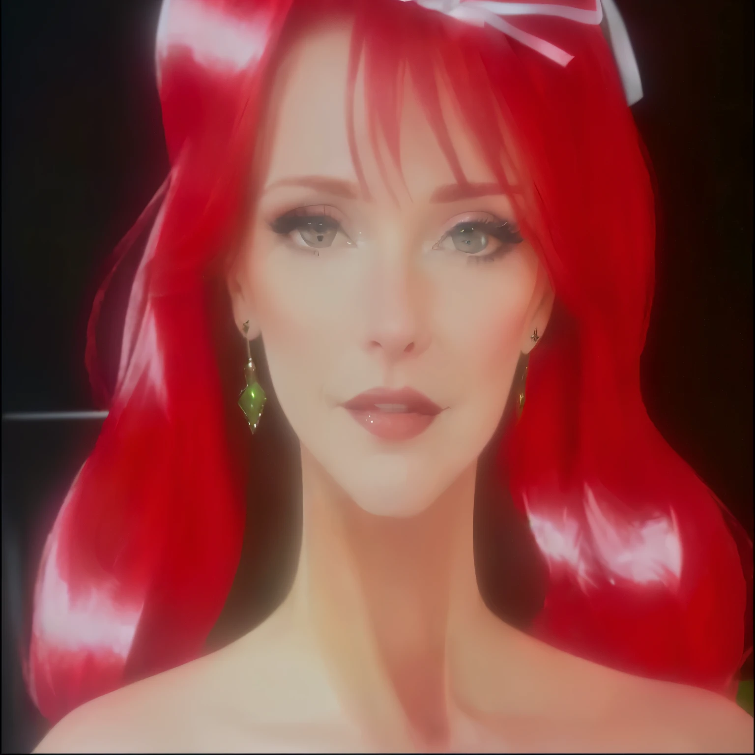 realistic, a close up of a mature woman with red hair and a red bow, beautiful, smirking, masterpiece, she has red hair, tiny lips, dark red lipstick, big sad eyes, seductive, provocative, prominent chin