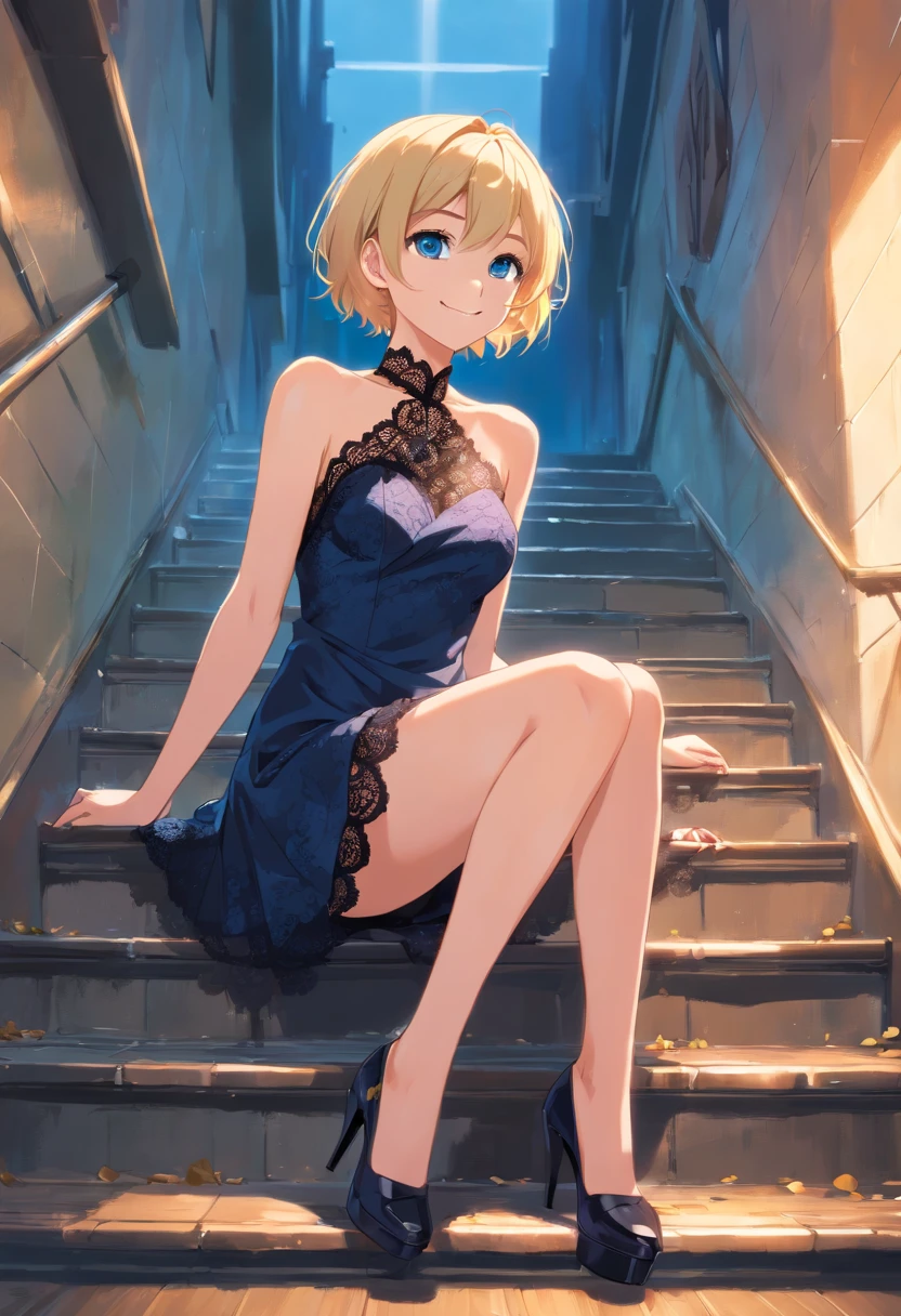 17 years old Women, ((Blonde)), ((Blue eyes)), ((Short hair)), ((Full Body)), black strapless lace dress, backless, black high heeels, siting on stairs, smiling, wet floor