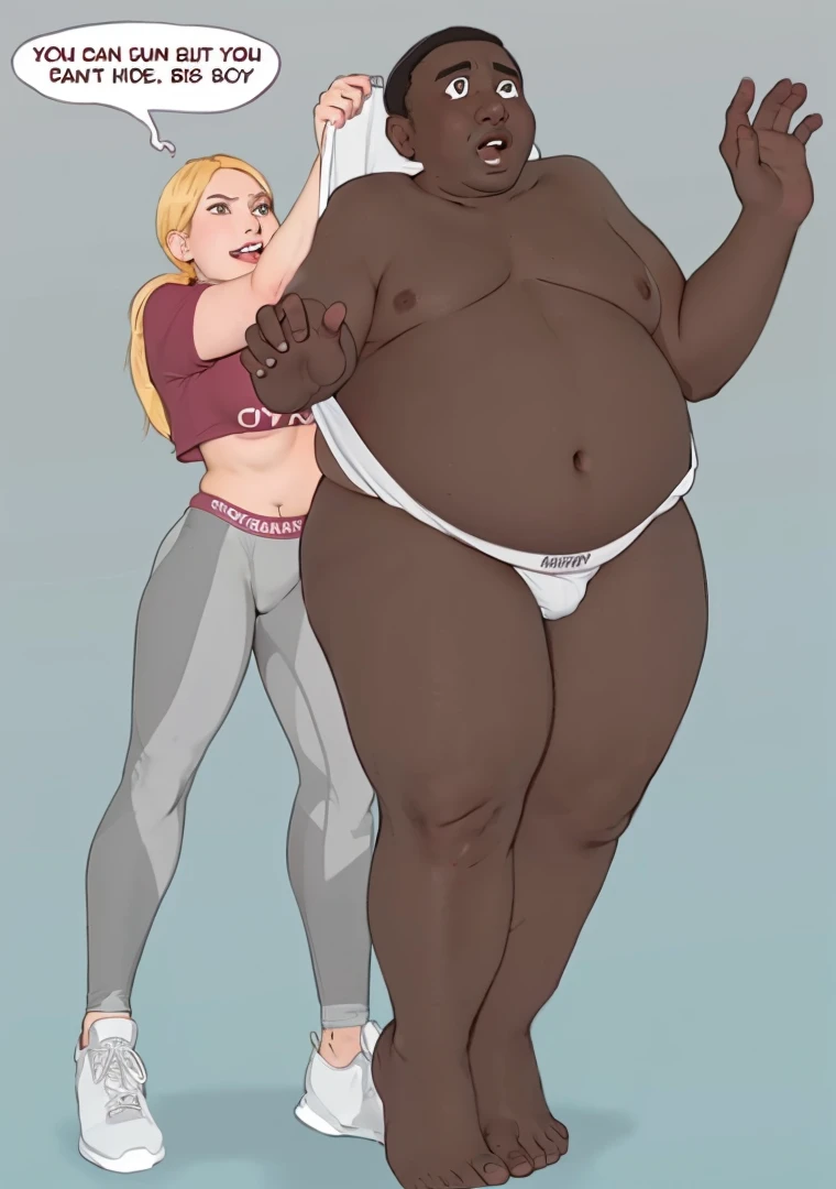 cartoon of a woman in gym clothes and a fat man in a tighty whities underwear, giving the fat man a wedgie thicc, oppai proportions, commission for high res, giant and fat, thicc build, he has a jiggly fat round belly, (sfw) safe for work, realistic proportions sfw, thick black lineart