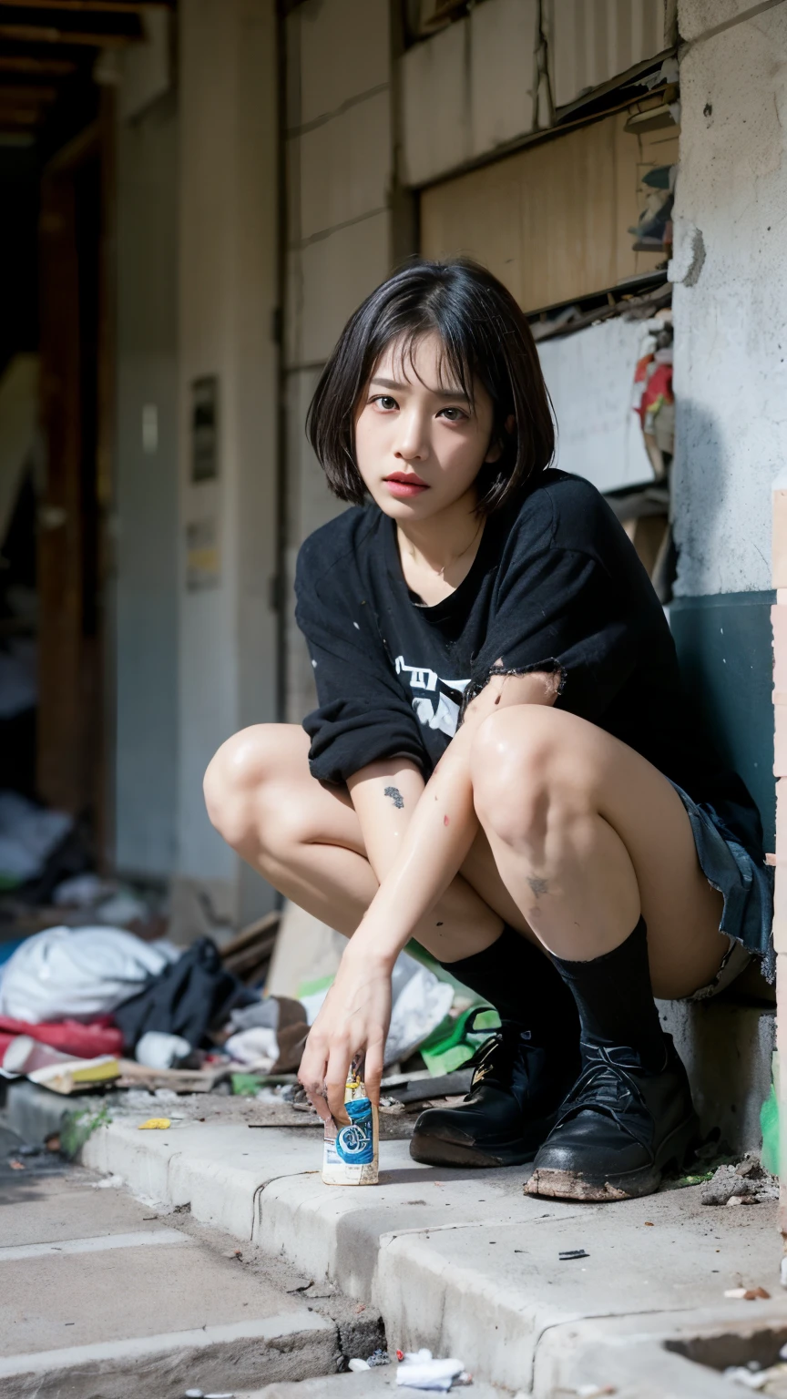 aespakarina,Bobcut,Beggar,beggar,(((Homeless))),abandoned style room,Crouching,Angry face,Bad complexion,Dirty,Full of trash,Korean,18-year-old,woman,Pitch black,Tattered clothes,(((Bad mood))),((( Oil,Mud stains,shit,dirty))),(((Frowning,カメラをGlaring))),((((Rubble pile))),Very fine eye, (((Wearing tattered black clothing,He's wearing ripped black pants))),(((Tragic))),((photograph)),(((Fabric Shading))), (((highest quality))), (((masterpiece))) strong girl, ((((Realistic)))),,Black Hair, chic hairstyle, ((With bangs,ストレートミディアムBobcut, nice hair)), Light makeup,Red eyes, (((I'm not wearing lipstick))), (nice, strong), Centered Images, Looking at the camera, Elegant colors,Realistic Skin,Realistic texture,8k,whole body,Pale skin,Red iris,Expressionless,Glaring,Perfect Face,(((Big eyes))),Holding a blank board