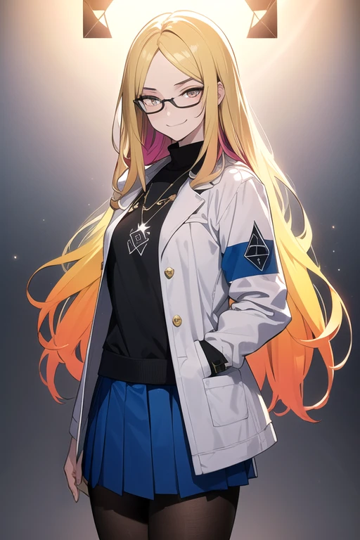(blonde hair, very long hair, sidelocks), (eyes with a mix of yellow and blue irises:1.5), two-tone eyes, multicolored eyes gradient eyes, white and blue jacket with constellation prints, (best quality,4k,8k,highres,masterpiece:1.2), ultra-detailed, portraits, (HDR:1.1), (vivid colors:1.1), (studio lighting), (bokeh), (highly saturated colors), (soft lighting), (detailed background), (subtle shadows), (ethereal glow), (pastel color palette), (delicate details), (sublime beauty), (feminine charm), (crisp focus), (fine brushwork), (impeccable craftsmanship), (emotional depth), (captivating storytelling), (intriguing narrative), (impressive realism), (exceptional artistry), (masterpiece-worthy), (awe-inspiring), blonde hair, very long hair, sidelocks, (eyes with a mix of yellow and blue irises:1.5), two-tone eyes, (multicolored eyes:2.0) (gradient eyes:2.0), white and blue jacket with constellation prints, (metallic skirt), (pantyhose:1.25), (smirk:1.25), (smug:1.25), (naughty face:1.5), (mischievous:1.25), futuristic clothing, science fiction setting, high-tech, glowing eyes, (unicursal hexagram-shaped irises:1.5), (cowboy shot:1.5), glasses, small glasses, thin glasses, rectangular glasses, small breasts, glowing clothing, (hologram armband1.5)