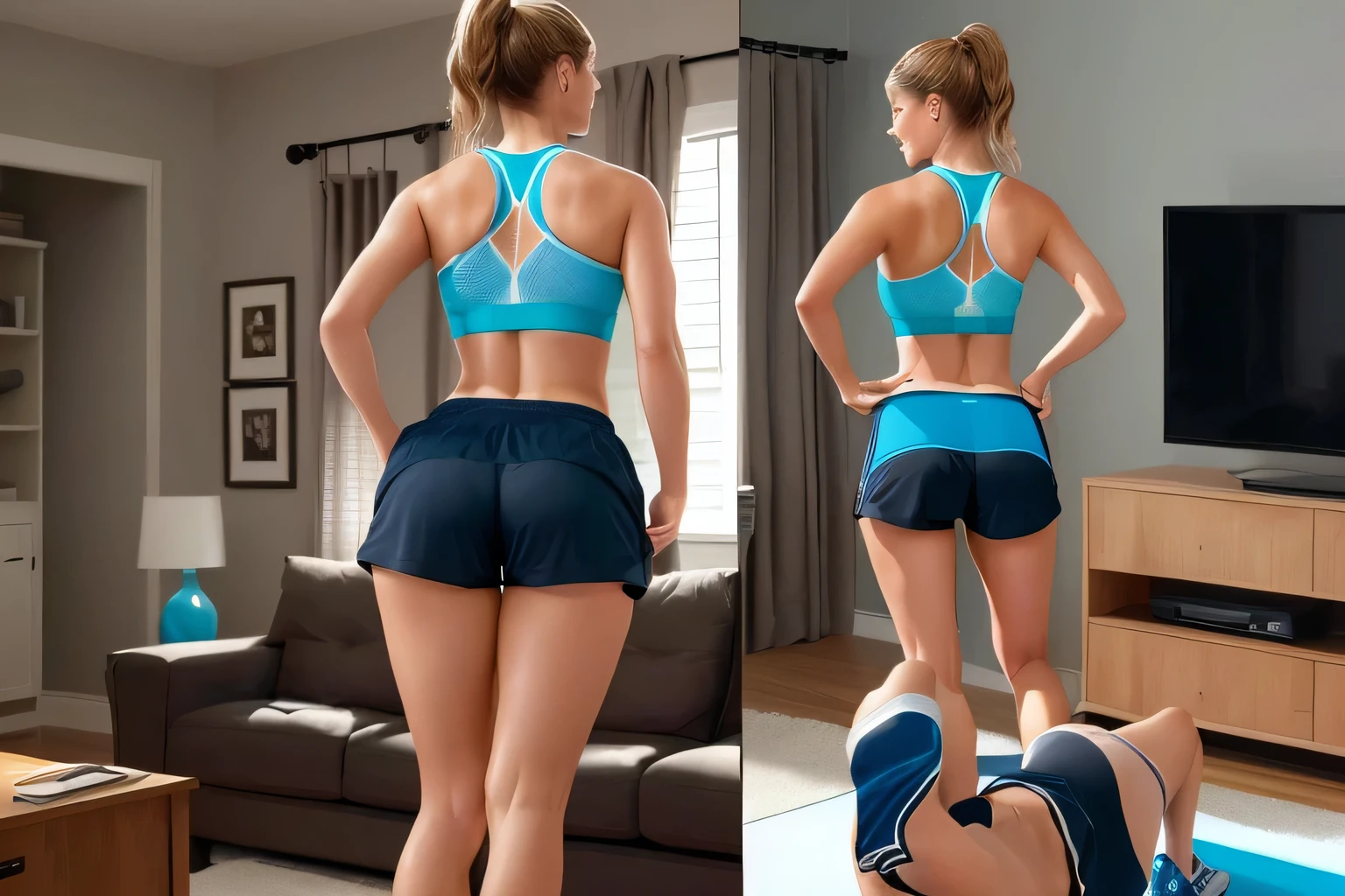 woman in short shorts playing wii in living room with tv, sweaty 4 k, working out, sport bra and shorts, in shorts, toned derriere, view from the back, uhd candid photo of dirty, photo still of behind view, watching tv, bottom shot, sport bra and dark blue shorts, workout, waist - shot, bottom angle