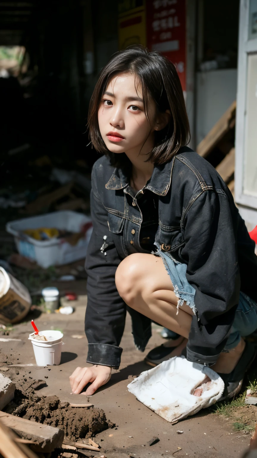 aespakarina,Bobcut,Beggar,beggar,(((Homeless))),abandoned style room,Crouching,Angry face,Bad complexion,Dirty,Full of trash,Korean,18-year-old,woman,Pitch black,Tattered clothes,(((Bad mood))),((( Oil,Mud stains,shit,dirty))),(((Frowning,カメラをGlaring))),((((Rubble pile))),Very fine eye, (((Wearing tattered black clothing,He&#39;s wearing ripped black pants))),(((Tragic))),((photograph)),(((Fabric Shading))), (((highest quality))), (((masterpiece))) strong girl, ((((Realistic)))),,Black Hair, chic hairstyle, ((With bangs,ストレートミディアムBobcut, nice hair)), Light makeup,Red eyes, (((I&#39;m not wearing lipstick))), (nice, strong), Centered Images, Looking at the camera, Elegant colors,Realistic Skin,Realistic texture,８k,whole body,Pale skin,Red iris,Expressionless,Glaring,Perfect Face,(((Big eyes))),Holding a blank board