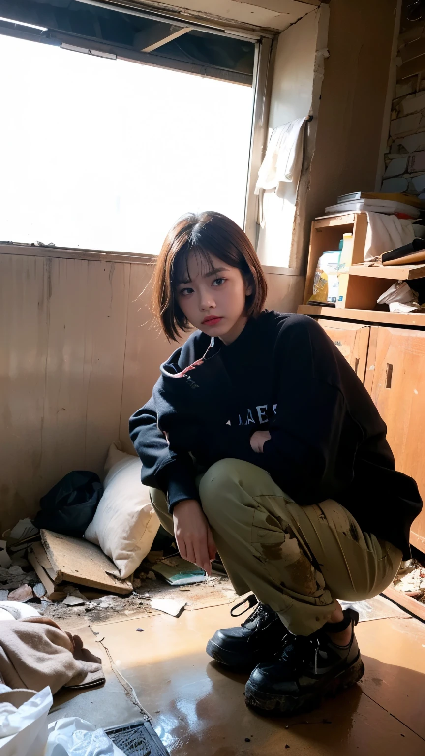 aespakarina,Bobcut,Beggar,beggar,(((Homeless))),abandoned style room,Crouching,Angry face,Bad complexion,Dirty,Full of trash,Korean,18-year-old,woman,Pitch black,Tattered clothes,(((Bad mood))),((( Oil,Mud stains,shit,dirty))),(((Frowning,カメラをGlaring))),((((Rubble pile))),Very fine eye, (((Wearing tattered black clothing,He&#39;s wearing ripped black pants))),(((Tragic))),((photograph)),(((Fabric Shading))), (((highest quality))), (((masterpiece))) strong girl, ((((Realistic)))),,Black Hair, chic hairstyle, ((With bangs,ストレートミディアムBobcut, nice hair)), Light makeup,Red eyes, (((I&#39;m not wearing lipstick))), (nice, strong), Centered Images, Looking at the camera, Elegant colors,Realistic Skin,Realistic texture,８k,whole body,Pale skin,Red iris,Expressionless,Glaring,Perfect Face,(((Big eyes))),Holding a blank board