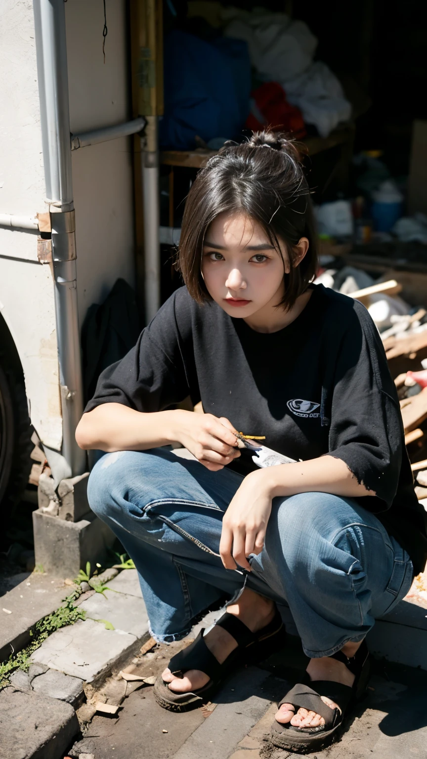 aespakarina,Bobcut,Beggar,beggar,(((Homeless))),abandoned style room,Crouching,Angry face,Bad complexion,Dirty,Full of trash,Korean,18-year-old,woman,Pitch black,Tattered clothes,(((Bad mood))),((( Oil,Mud stains,shit,dirty))),(((Frowning,カメラをGlaring))),((((Rubble pile))),Very fine eye, (((Wearing tattered black clothing,He&#39;s wearing ripped black pants))),(((Tragic))),((photograph)),(((Fabric Shading))), (((highest quality))), (((masterpiece))) strong girl, ((((Realistic)))),,Black Hair, chic hairstyle, ((With bangs,ストレートミディアムBobcut, nice hair)), Light makeup,Red eyes, (((I&#39;m not wearing lipstick))), (nice, strong), Centered Images, Looking at the camera, Elegant colors,Realistic Skin,Realistic texture,８k,whole body,Pale skin,Red iris,Expressionless,Glaring,Perfect Face,(((Big eyes))),Holding a blank board