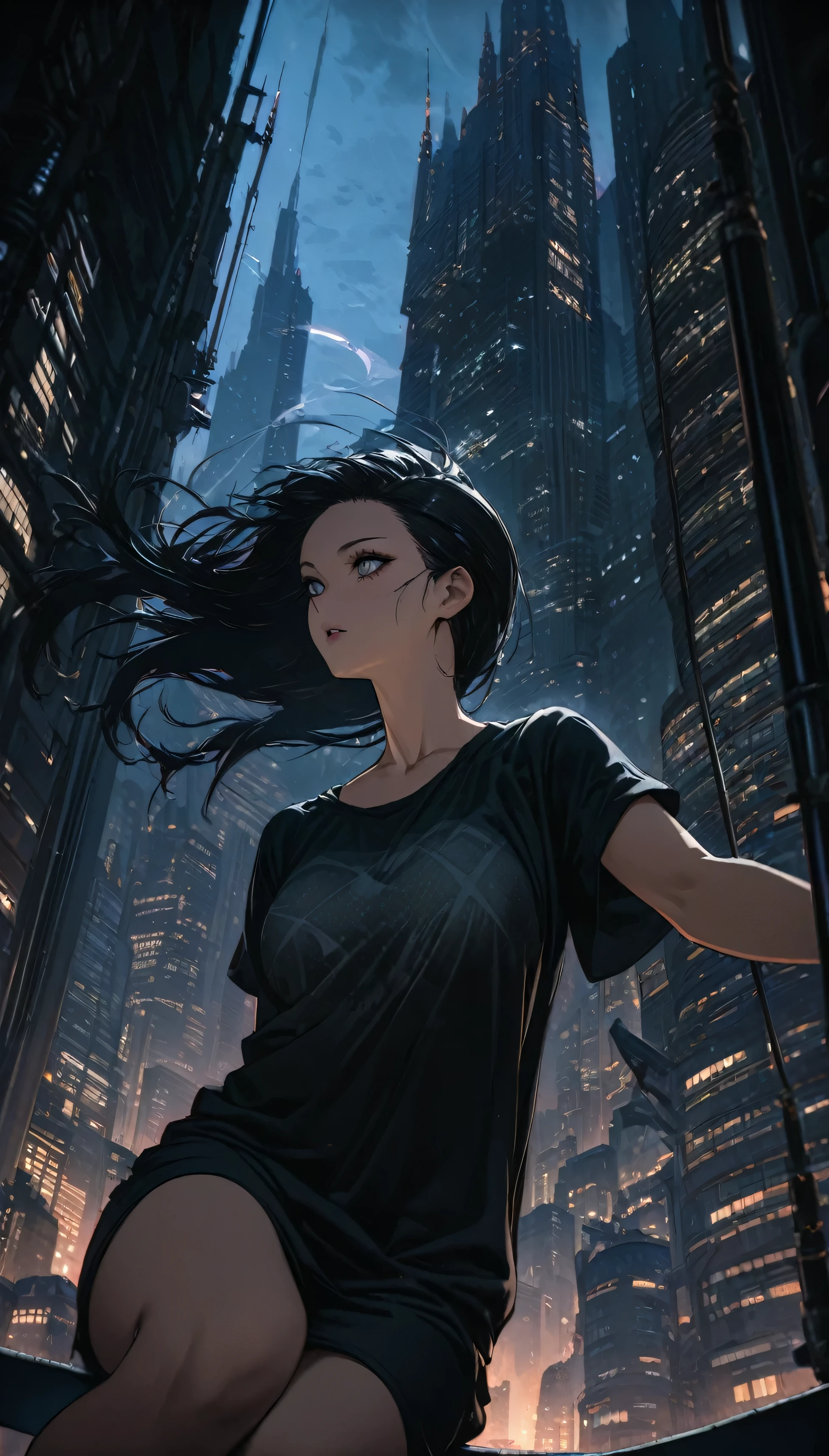 highest quality, Super quality, 16k, Incredibly absurd, Very detailed, Beautiful woman sitting on a trapeze suspended between two skyscrapers, Gazing into the distance, Wear a loose long T-shirt, Captivating look, Wind, Wind-effect, moonlit nightscape, (Nice views:1.1) , Dieselpunk