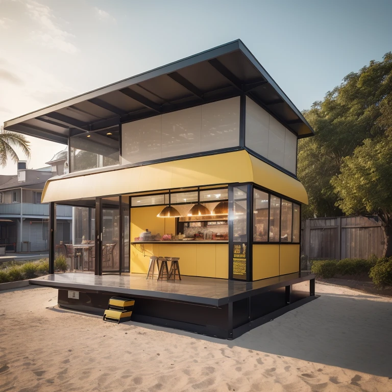 a detailed burger kiosk at the beach, metal, and wood materials, made of container, mainly yellow color,a touch of black color, greenery header, youth and summer vibrant colors, metal net, glass, foods, youth spirit design and artwork.