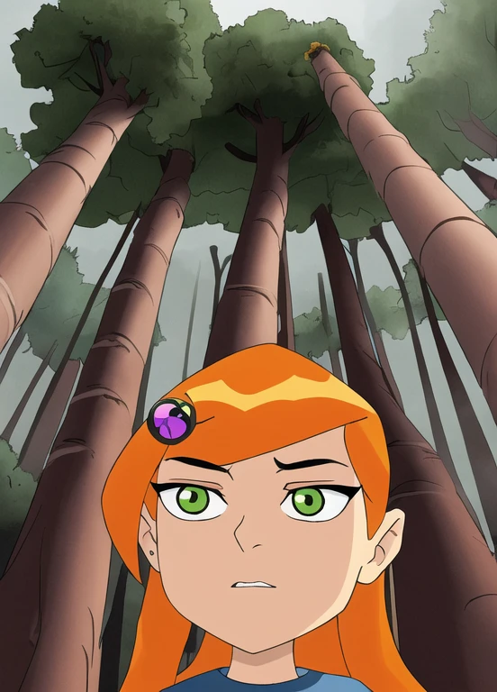 Ben10, 1 garota, Sozinho, olhos verdes, floresta, natureza, presilha de cabelo, hair ornament, cabelo curto, Boca aberta, cabelo laranja, tree, brincos, joia, tronco, anime coloring, sem roupas, com uma pistola