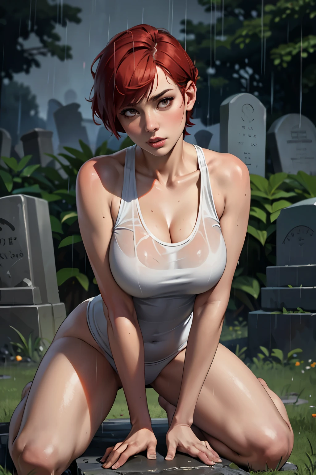 ((highest quality)), ((masterpiece)), (be familiar with), Perfect Face, (High definition), (Best Shadow), 8K, Cinematic, (Realistic:1.4),dramatic, (A woman pressing her buttocks against a gravestone), Looking up, (Red hair), ((extra short hair)), A lifeless look, (White Eyes), (Pure white skin:1.1), Voluptuous body, Alluring, Drenched white tank top, barefoot, Rain on the skin, Boneyard, 土葬のBoneyard, (heavy rain:1.4), Heavy rain in the middle of the night, Bust Shot