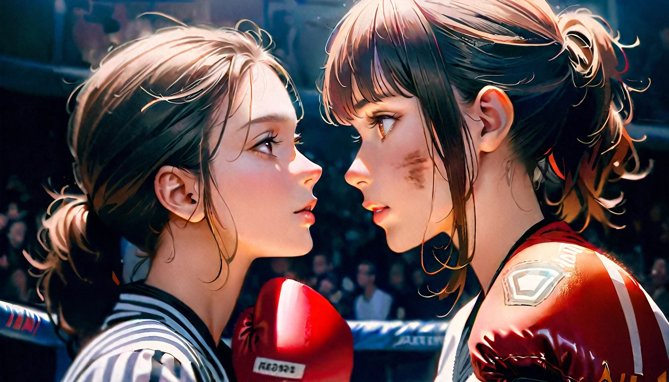 8K, Best Quality, Masterpiece, Ultra High Resolution, (Realism: 1.4), Original Photo, (Realistic Skin Texture: 1.3), (Film Grain: 1.3), 2 Girl, Beautiful Eyes and Face Details, Masterpiece, Best Quality, Close-up,they look into each other's eyes , boxing match, boxing gloves, boxing sport outfit, Bruises on faces, photo after the fight, boxing ring, crowd
