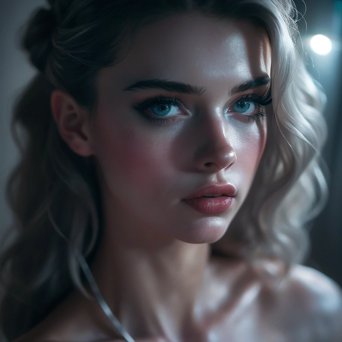(((ultra realistic))) Photo, masterpiece, top quality, (pale skin), (Ultra detailed face and eyes:1.3), 1 girl, Adult, in a dress, (((grey eyes))), ((Eye makeup, pink mascara)), ((large detailed lips)), ((grey wavy hair)), ((Stylish hairstyle)) , (Natural breasts). ((Posing)), photoshoot, (Soft) Lighting, (The play of light and shadows), depth of field, bokeh, (special attention to skin detail: 1.2), Detailed leather texture, skin pores. (Erotic atmosphere of the frame. Color range - red,  grey, green, brown, blue, white tones), UDR, ((Film grain)), ((rays)), (Glare), ((close-up portrait, close to the camera)) , ultra detialed,