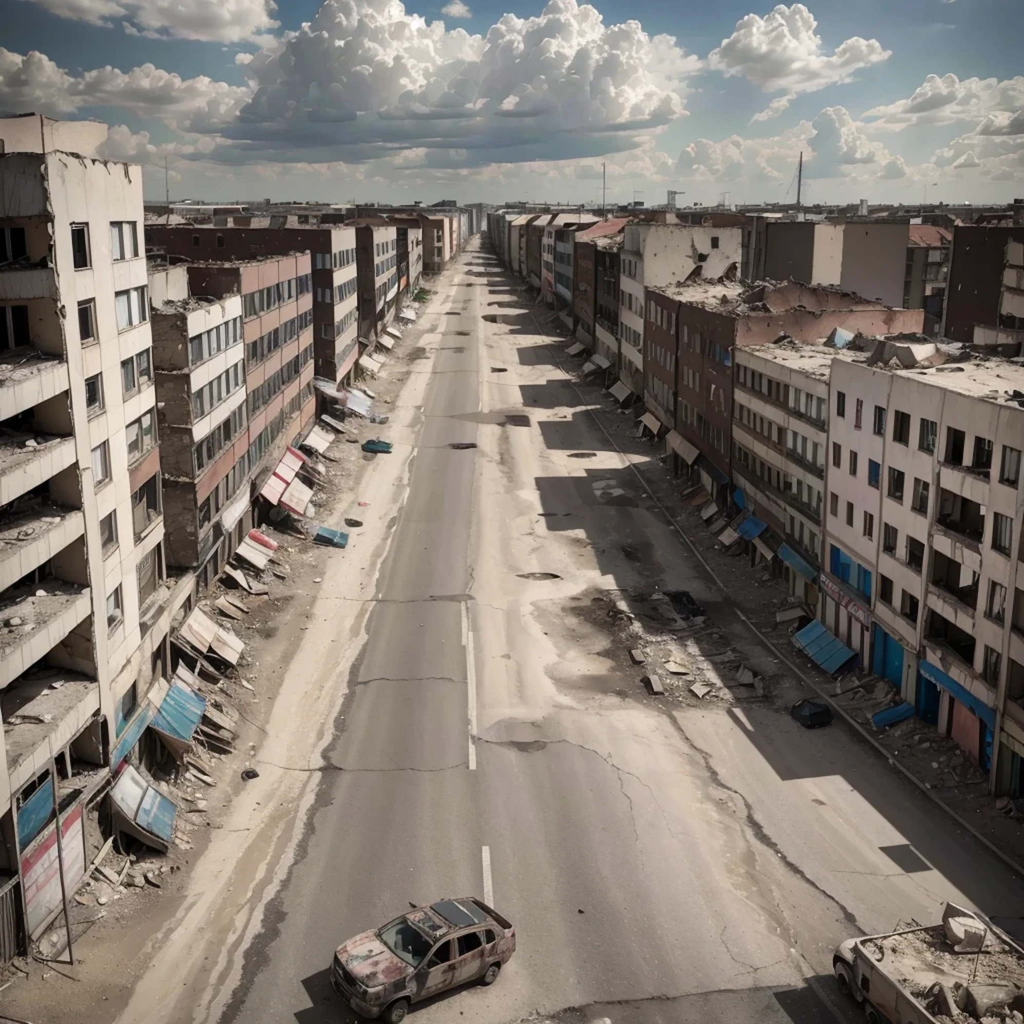 (best quality,highres,realistic:1.2),war-torn street in Berlin,destruction,ruins,damaged buildings,rubble,crumbling walls,broken glass,dust and debris,people struggling to survive,poverty,misery,collapse of civilization,shattered dreams,widespread devastation,desperate atmosphere,post-apocalyptic scene,desolate landscape,empty streets,smoke and ash,haunting silence,bare trees,gray and desaturated colors,faint light shining through the clouds,                                                             
Initially completed，You need to confirm whether you are satisfied。