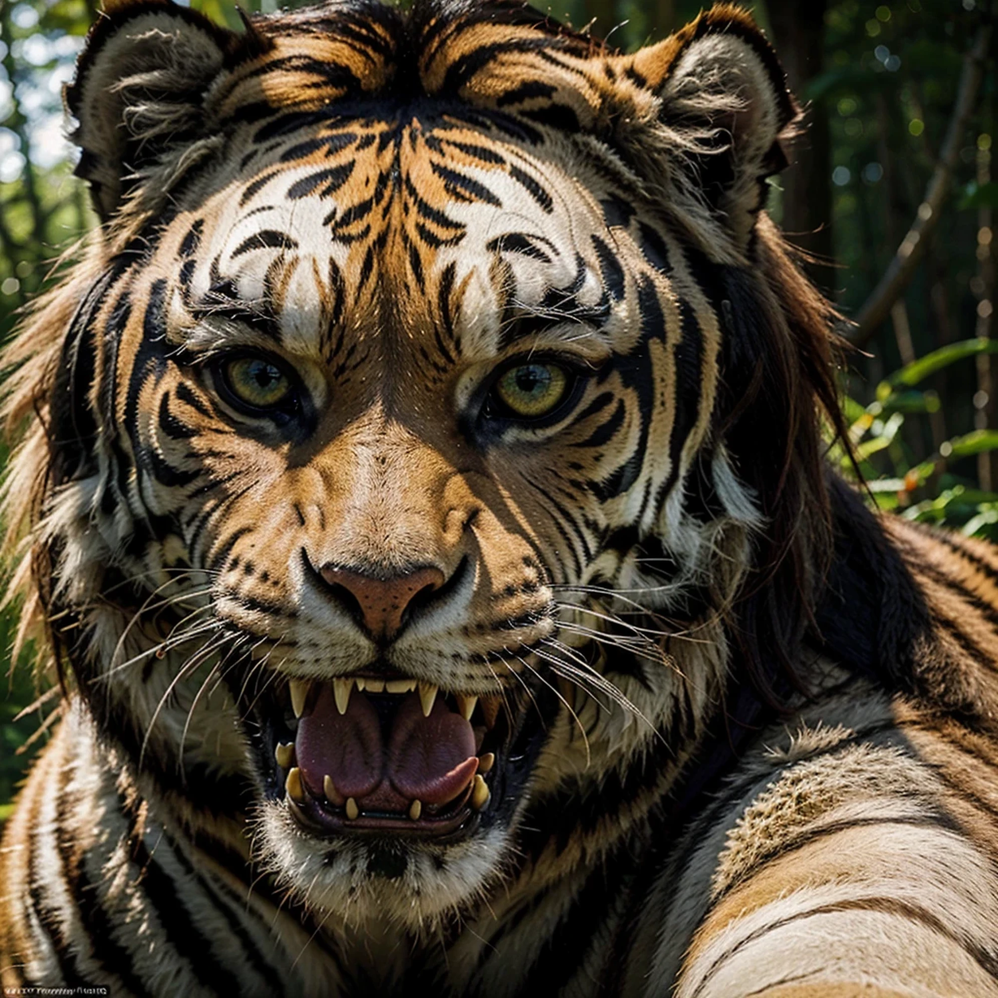 (best quality,4k,8k,highres,masterpiece:1.2),ultra-detailed,(realistic,photorealistic,photo-realistic:1.37),saber-toothed tiger with vibrant fur,sharp canines,strikingly detailed eyes,thick tufts of fur around the neck,ferociously detailed facial features,exquisite muscle definition,strong and powerful body,impeccable sense of realism and authenticity,surrealistic landscape backdrop featuring a prehistoric forest with ancient trees and lush vegetation,mesmerizing play of sunlight and shadows,powerful and dramatic lighting,brilliantly colored with vibrant hues and rich tones,enhanced with HDR to bring out every intricate detail,toothed tiger appears like a majestic predator frozen in time and space,portrays the essence of ancient and mystical wilderness,evoke a sense of awe and fear,creates a breathtaking and awe-inspiring masterpiece.