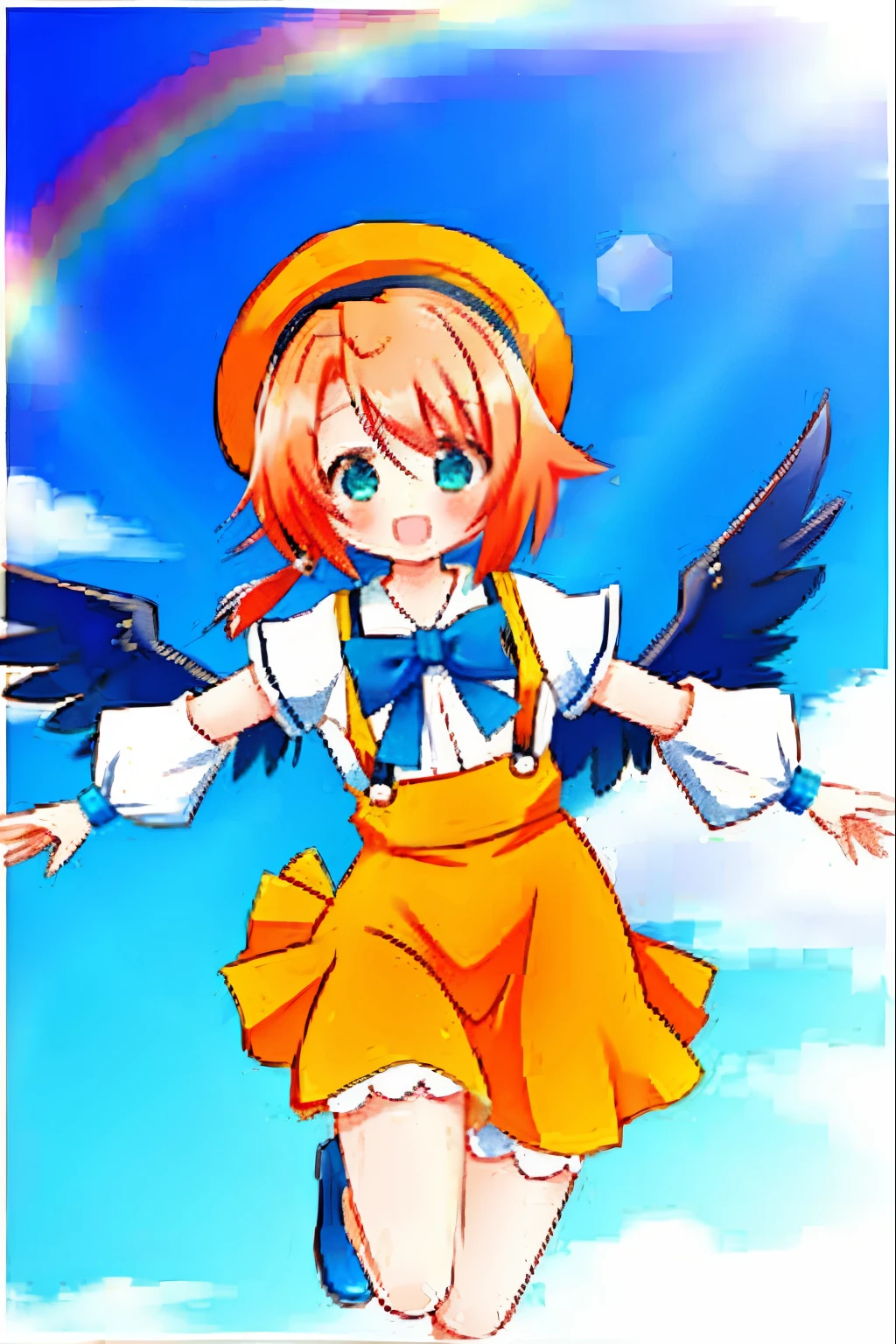 (masutepiece, Best Quality, hight resolution, ultra-detailliert:1.2), (Solo, 1girl in, Cowboy Shot), BREAK, Shigewin,  orange hair, low twintails, Animal ears, hat, Long sleeves, gloves, Dress, Pants, leggins, Wings, BREAK, Smile, Open mouth, blush, (Jumping:1.3), (looking upwards, Looking at Viewer:1.2), BREAK, (Blue sky, Clouds, Outdoors, rainbow, Detailed background:1.3)