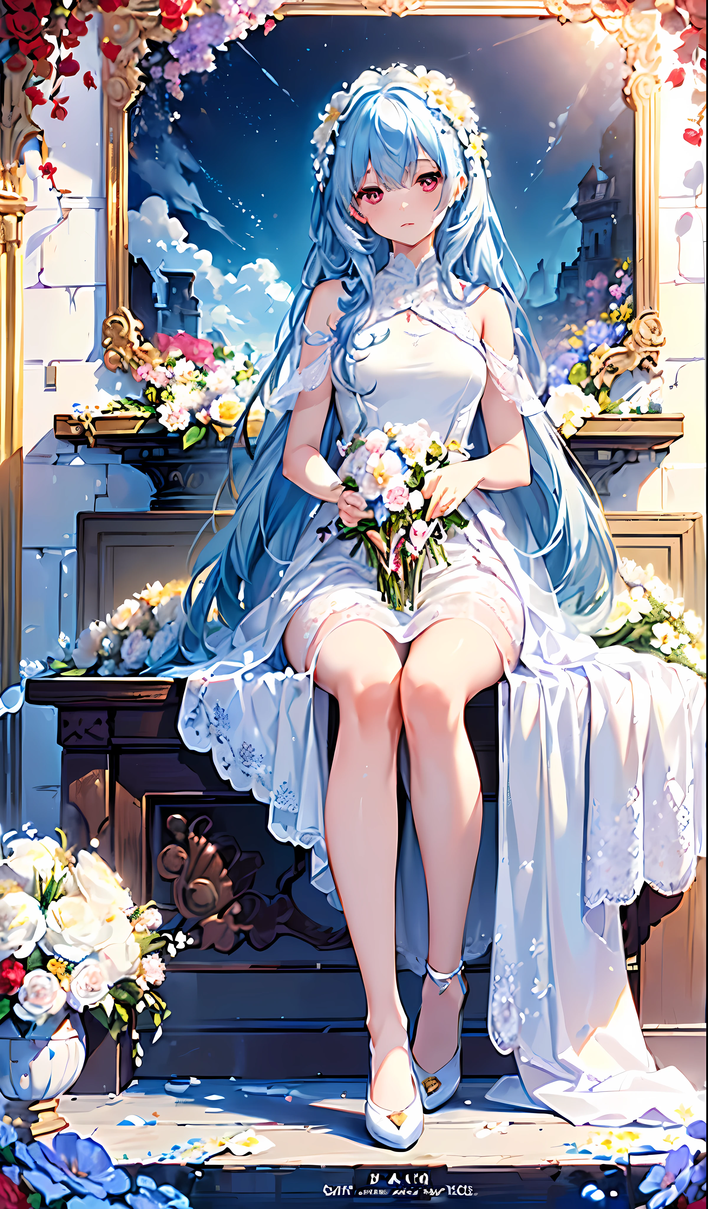 ((best quality)), ((masterpiece)), ((Super detailed)), (illustration), (Detailed lighting), (an extremely delicate and fair), ((prune)), incredible_absurd, (Ray Tracing), (reflected light), ((Movie Posters)), (sign:1.3), (English text:1.3), rest (8k:1.3), wallpaper, 1 Girl, (Girl among flowers:1.4), (Pure sky blue hair, Red Eyes:1.5), Clear skies, external, Super detailed, best quality, Ultimate quality, masterpiece, fair, beautiful, sit on the floor, (Absurdly long hair, Clear boundaries of cloth:1.4), (Pure white dress, Pure white silk cloth:1.5), (Flower land, A thousand flowers, Colorful flowers, The flowers around her, Various flowers:1.51), young, amazing, attractive, Sundress, Wonderful scenery, Pure white shoes