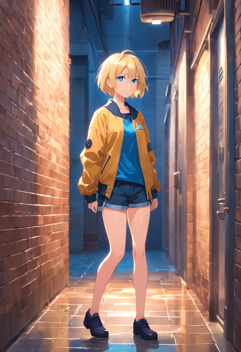 17 years old Women, ((Blonde)), ((Blue eyes)), ((Short hair)), ((Full Body)), jacket open in front, without bras and baggy pants, with high heels, hand on waist, standing y front if a brick wall wet floor
