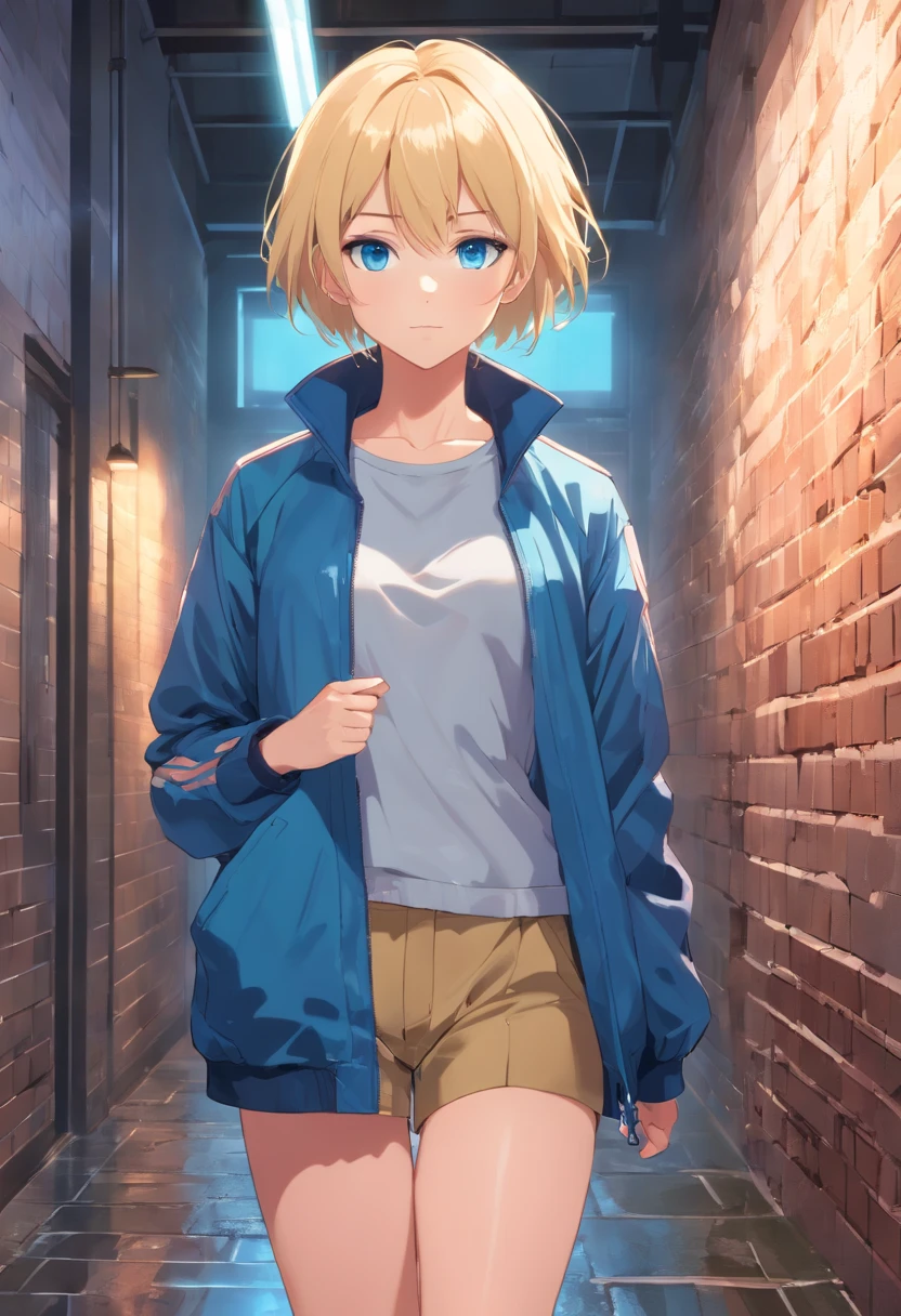  Women, ((Blonde)), ((Blue eyes)), ((Short hair)), ((Full Body)), jacket open in front, without bras and baggy pants, with high heels, hand on waist, standing y front if a brick wall wet floor