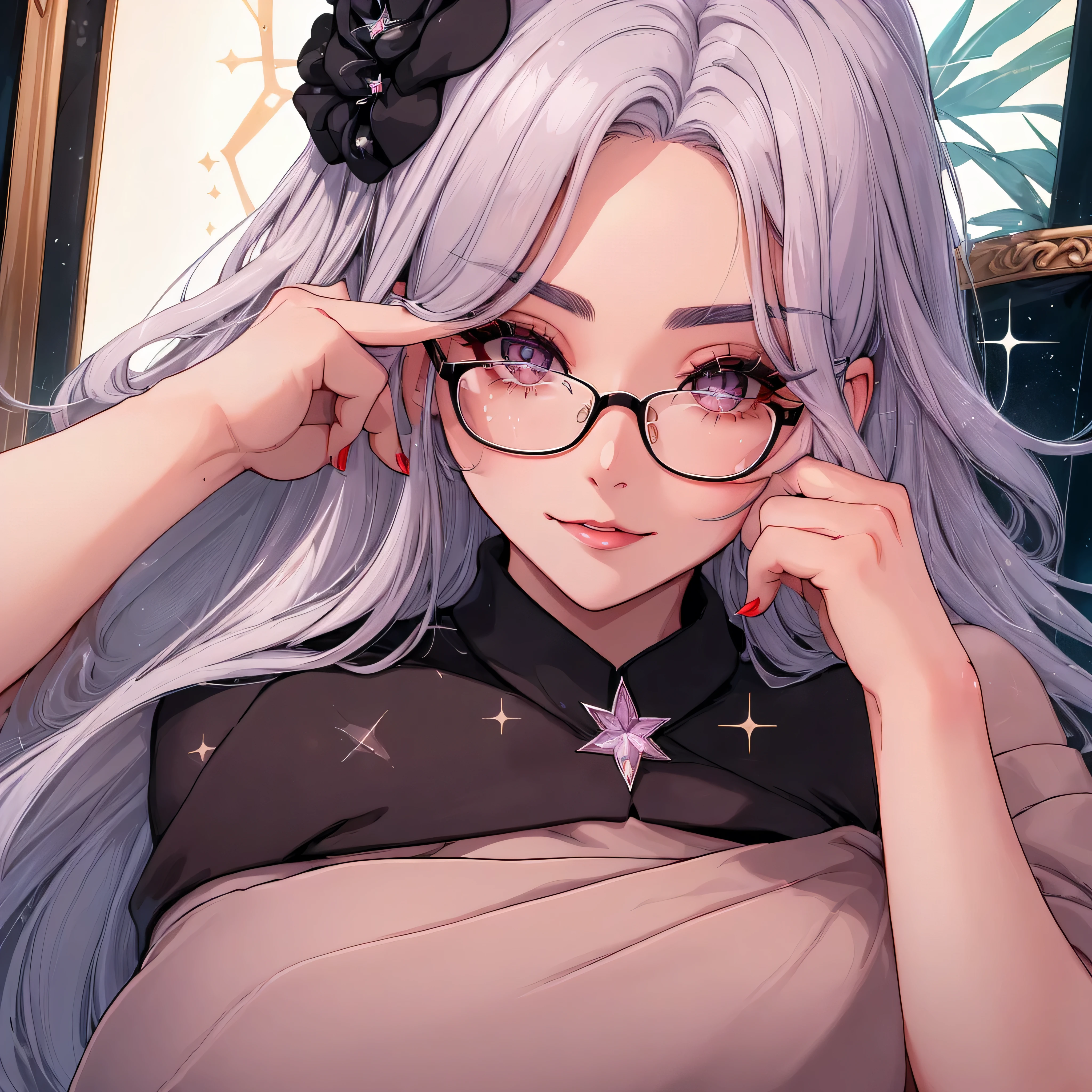 Portrait of a sexy woman, perfect face, with glasses, very detailed face, long white eyelashes, sparkling eyes, crystal clear eyes, long hair,