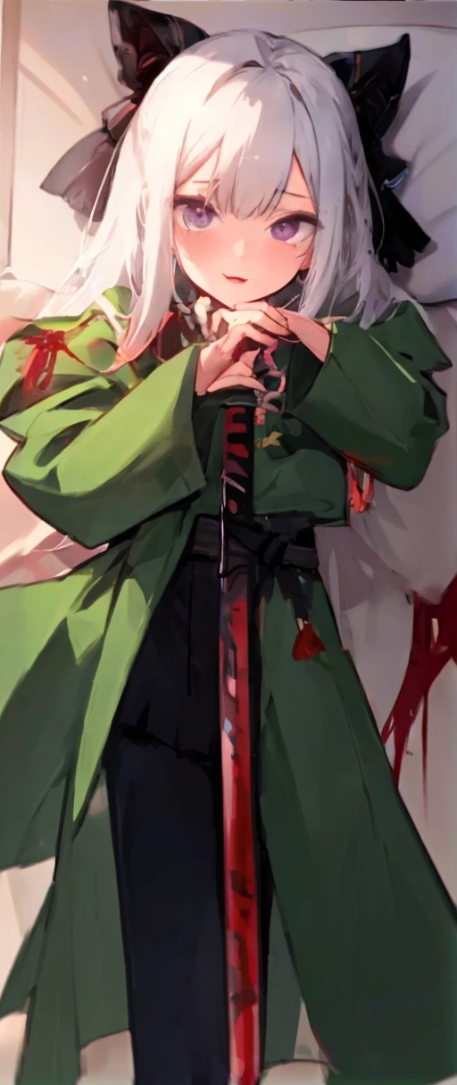 He was wearing a dark green coat and trousers.、A 14-year-old girl with red eyes and white hair, holding a Japanese sword、There is blood in my hair、They even kill people.。