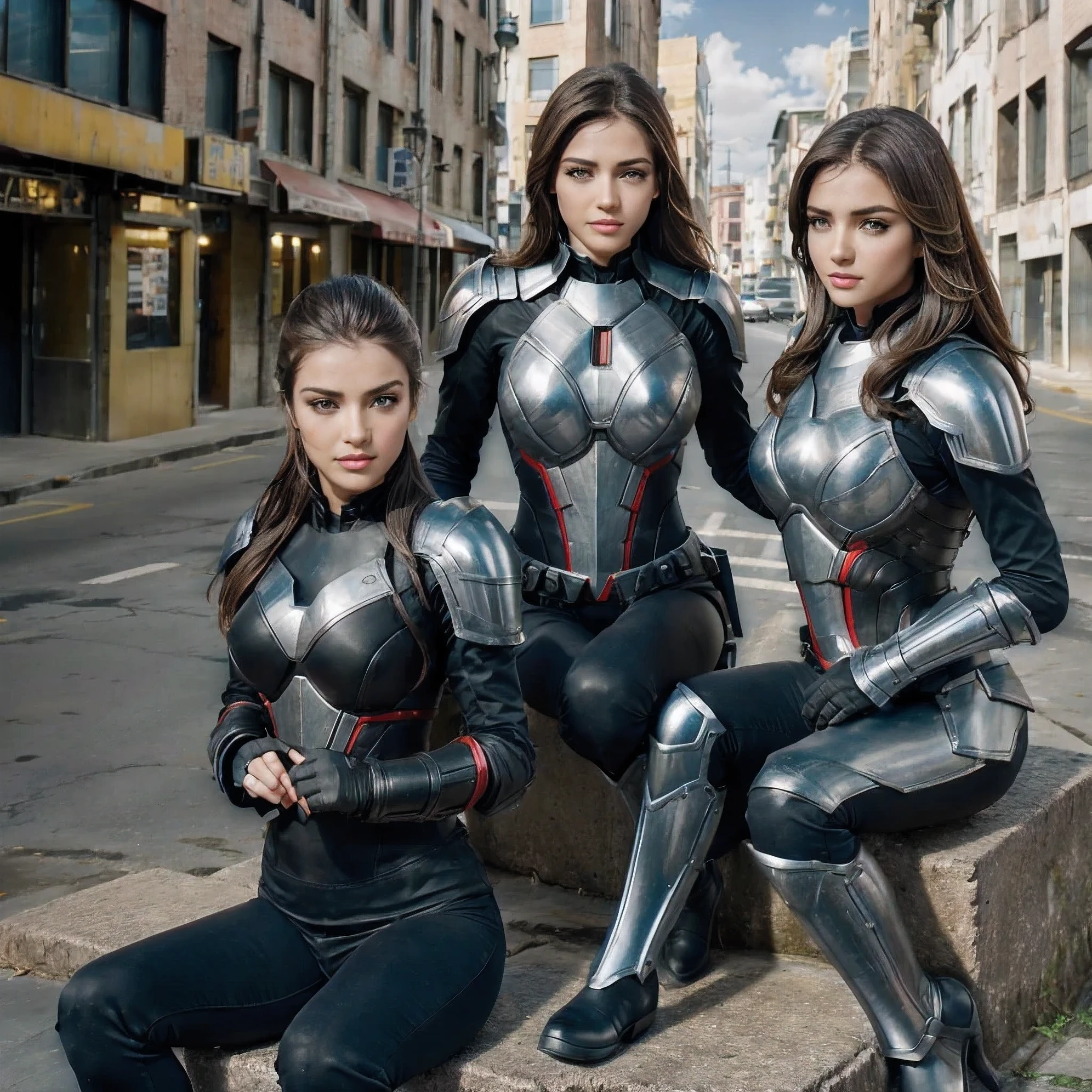 Armor Warriors, Bustling City, (inspired by the Avengers), Armor Suits, Seated, (8k, foto RAW, fotorrealista: 1, 25), (muito brilho labial, lots of eyelashes, melhor qualidade, Ultra high resolution, profundidade de campo, Chromatic aberration, Luz Ampla, Cor Natural, distant images (1:2)