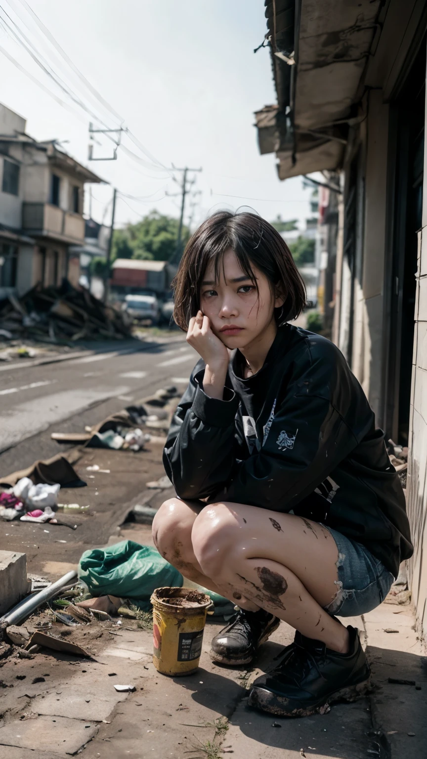 aespakarina,Bobcut,Beggar,beggar,(((Homeless))),abandoned style room,Crouching,Angry face,Bad complexion,Dirty,Full of trash,Korean,18-year-old,woman,Pitch black,Tattered clothes,(((Bad mood))),((( Oil,Mud stains,shit,dirty))),(((Frowning,カメラをGlaring))),((((Rubble pile))),Very fine eye, (((Wearing tattered black clothing,He&#39;s wearing ripped black pants))),(((Tragic))),((photograph)),(((Fabric Shading))), (((highest quality))), (((masterpiece))) strong girl, ((((Realistic)))),,Black Hair, chic hairstyle, ((With bangs,ストレートミディアムBobcut, nice hair)), Light makeup,Red eyes, (((I&#39;m not wearing lipstick))), (nice, strong), Centered Images, Looking at the camera, Elegant colors,Realistic Skin,Realistic texture,８k,whole body,Pale skin,Red iris,Expressionless,Glaring,Perfect Face,(((Big eyes))),Holding a blank board