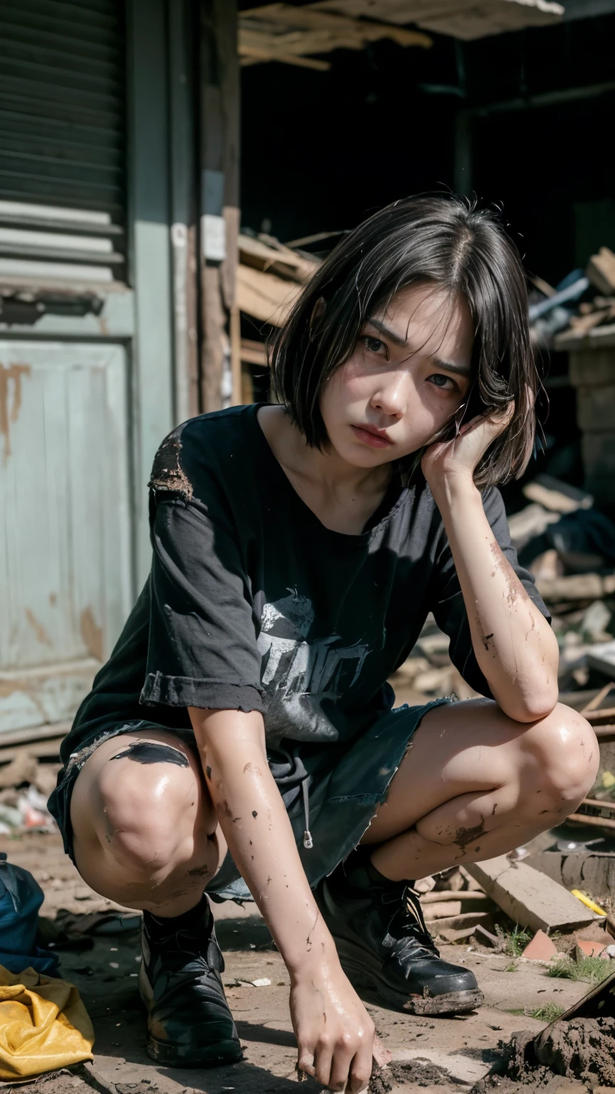 aespakarina,Bobcut,Beggar,beggar,(((Homeless))),abandoned style room,Crouching,Angry face,Bad complexion,Dirty,Full of trash,Korean,18-year-old,woman,Pitch black,Tattered clothes,(((Bad mood))),((( Oil,Mud stains,shit,dirty))),(((Frowning,カメラをGlaring))),((((Rubble pile))),Very fine eye, (((Wearing tattered black clothing,He&#39;s wearing ripped black pants))),(((Tragic))),((photograph)),(((Fabric Shading))), (((highest quality))), (((masterpiece))) strong girl, ((((Realistic)))),,Black Hair, chic hairstyle, ((With bangs,ストレートミディアムBobcut, nice hair)), Light makeup,Red eyes, (((I&#39;m not wearing lipstick))), (nice, strong), Centered Images, Looking at the camera, Elegant colors,Realistic Skin,Realistic texture,８k,whole body,Pale skin,Red iris,Expressionless,Glaring,Perfect Face,(((Big eyes))),Holding a blank board