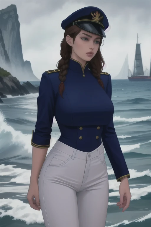 ultra realistic 8k, picture-perfect face, flawless, clean, masterpiece, perfect face, beautiful face, extremely detailed eyes, a woman admiral, standing on a pier overlooking the seas, solo, detailed eyes, beautiful, looking at viewer, (dynamic pose), water, confident pose, stormy sea, storm, wind, (dark theme:0.85), small breasts, (white parade pants, blue admiral uniform, blue parade uniform, admiral hat), hyperrealistic photography, extremely detailed CG unity 8k wallpaper, HDR, RAW photo, dslr, intricate detail, cute, magical, enchanting, parted lips, vibrant lighting, vibrant colors, (masterpiece, best quality, ultra-detailed, best shadow), perfect female body perfect female waist, photography BREAK long hair, crownbraid, chestnut brown hair, ponytail, crownbraid tie, (pronounced blush) , (button off:-1.0)