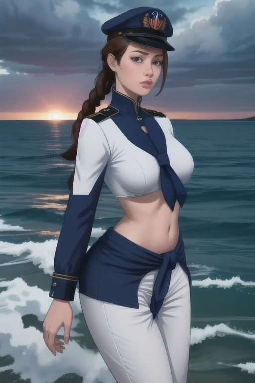 ultra realistic 8k, picture-perfect face, flawless, clean, masterpiece, perfect face, beautiful face, extremely detailed eyes, a woman admiral, standing on a pier overlooking the seas, solo, detailed eyes, beautiful, looking at viewer, (dynamic pose), water, confident pose, stormy sea, storm, wind, (dark theme:0.85), small breasts, (white parade pants, blue admiral uniform, blue parade uniform, admiral hat), hyperrealistic photography, extremely detailed CG unity 8k wallpaper, HDR, RAW photo, dslr, intricate detail, cute, magical, enchanting, parted lips, vibrant lighting, vibrant colors, (masterpiece, best quality, ultra-detailed, best shadow), perfect female body perfect female waist, photography BREAK long hair, crownbraid, chestnut brown hair, ponytail, crownbraid tie, (pronounced blush) , (button off:-1.0)