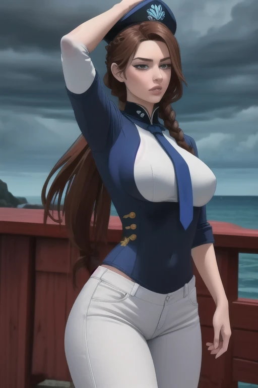 ultra realistic 8k, picture-perfect face, flawless, clean, masterpiece, perfect face, beautiful face, extremely detailed eyes, a woman admiral, standing on a pier overlooking the seas, solo, detailed eyes, beautiful, looking at viewer, (dynamic pose), water, confident pose, stormy sea, storm, wind, (dark theme:0.85), small breasts, (white parade pants, blue admiral uniform, blue parade uniform, admiral hat), hyperrealistic photography, extremely detailed CG unity 8k wallpaper, HDR, RAW photo, dslr, intricate detail, cute, magical, enchanting, parted lips, vibrant lighting, vibrant colors, (masterpiece, best quality, ultra-detailed, best shadow), perfect female body perfect female waist, photography BREAK long hair, crownbraid, chestnut brown hair, ponytail, crownbraid tie, (pronounced blush) , (button off:-1.0)