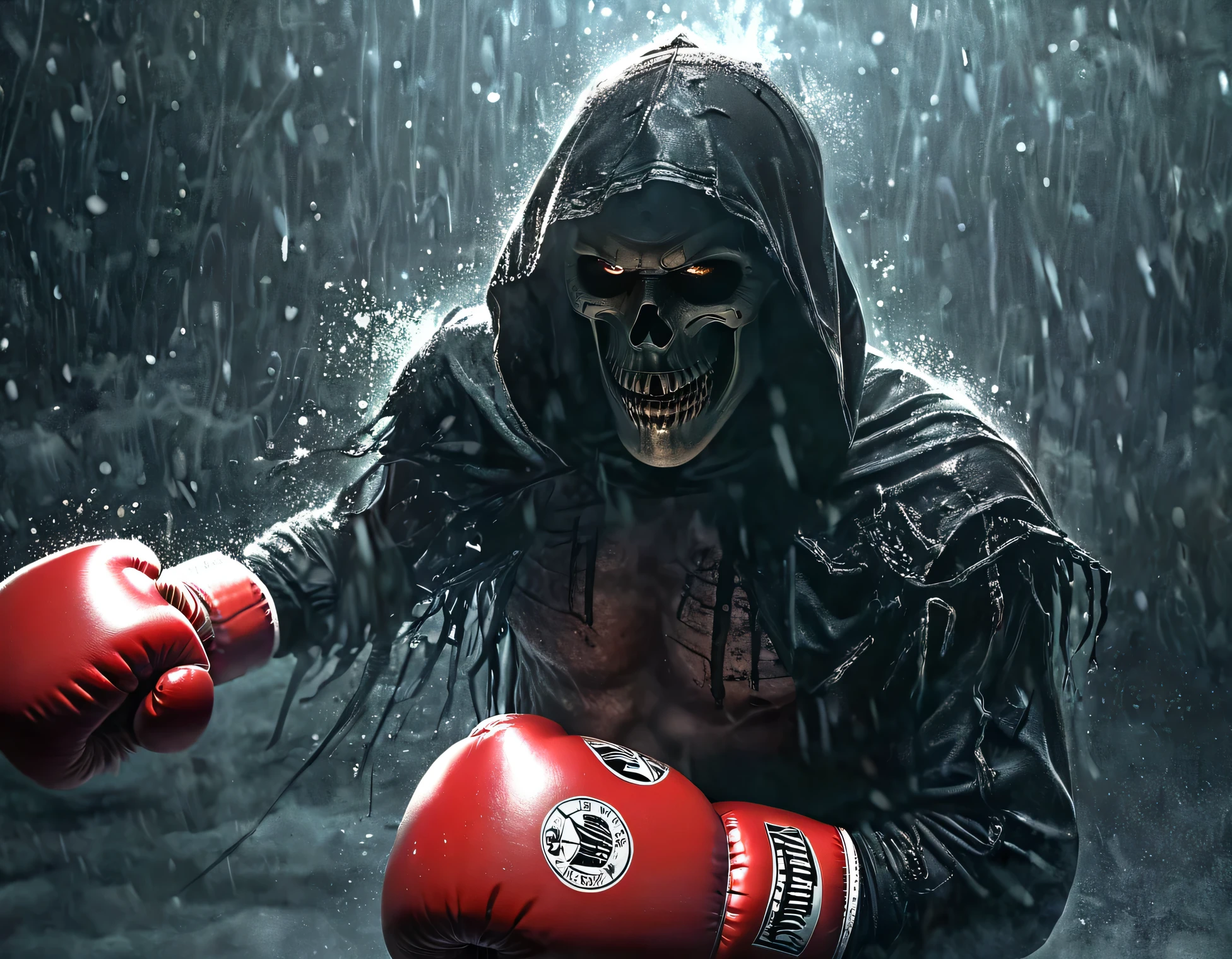 (old man boxing for his life with the grim reaper:1.6),masterpiece general shot,hyper detailed and clear,the best image,scratches,rain,gritty texture,dark and moody atmosphere,grim reaper's sinister presence,dramatic lighting,strong contrast,revealing emotions,sweat and determination on old man's face,expressive and intense gestures,vivid colors,masterful brushwork.