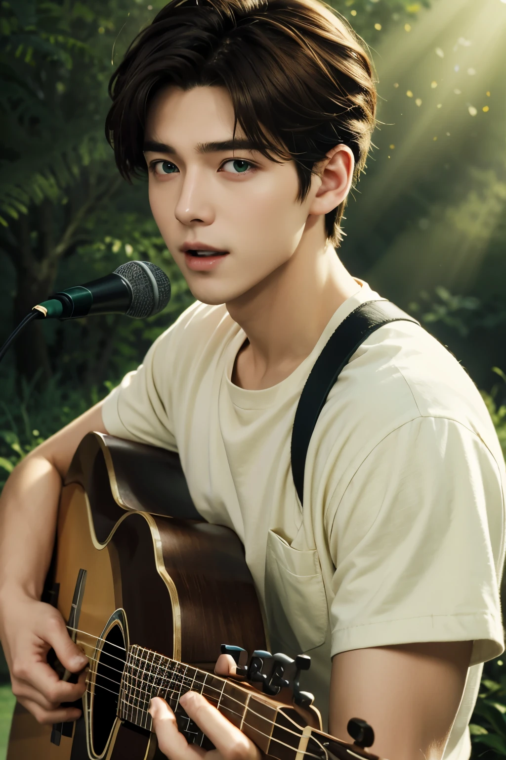 (3D:0.5,realistic:0.5,photorealistic:0.5),(absurdres,Super-resolution,masterpiece,best quality,finely detailed,absurdres:1.2), dramatic light, dramatic illumination, cinematic, anime scenery, makoto shinkai, ghibli, fantasy world, magical, (((1boy))), young male, short cut hair,(((middle part hairstyle))), (((brown hair color))) irish male, nature, plants, leaves, green, (((portrait picture))), Smile softly, look at the camera, (((green eyes)), (((forest) )) (((wearing White yellow shirt)), (((singing with guitar)))