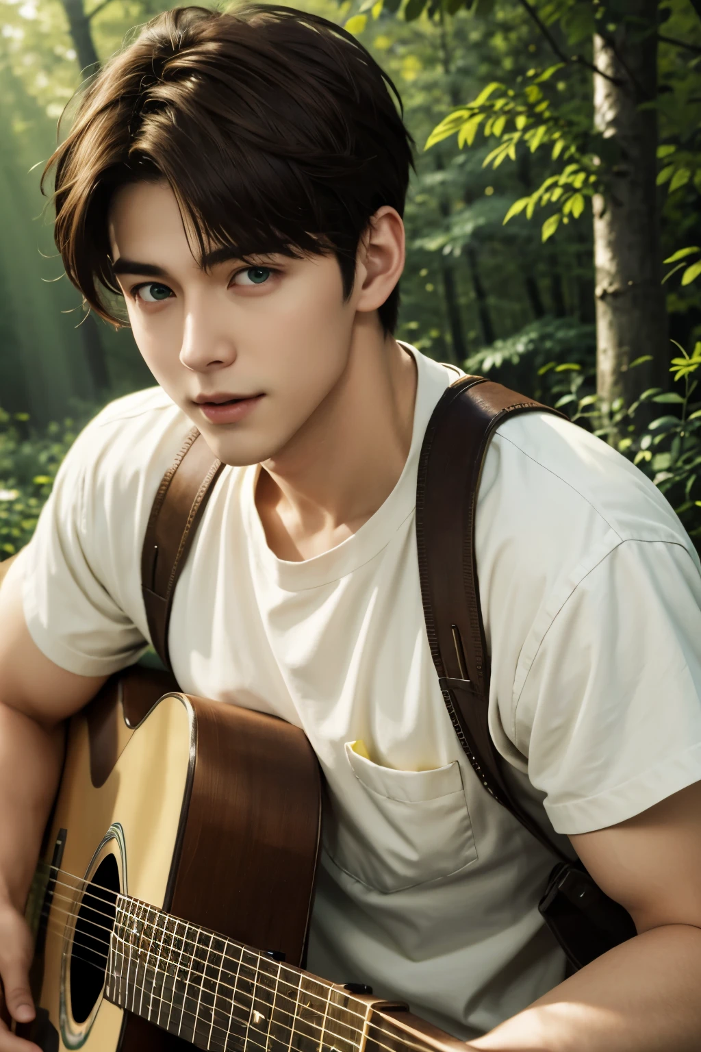 (3D:0.5,realistic:0.5,photorealistic:0.5),(absurdres,Super-resolution,masterpiece,best quality,finely detailed,absurdres:1.2), dramatic light, dramatic illumination, cinematic, anime scenery, makoto shinkai, ghibli, fantasy world, magical, (((1boy))), young male, short cut hair,(((middle part hairstyle))), (((brown hair color))) irish male, nature, plants, leaves, green, (((portrait picture))), Smile softly, look at the camera, (((green eyes)), (((forest) )) (((wearing White yellow shirt)), (((singing with guitar)))