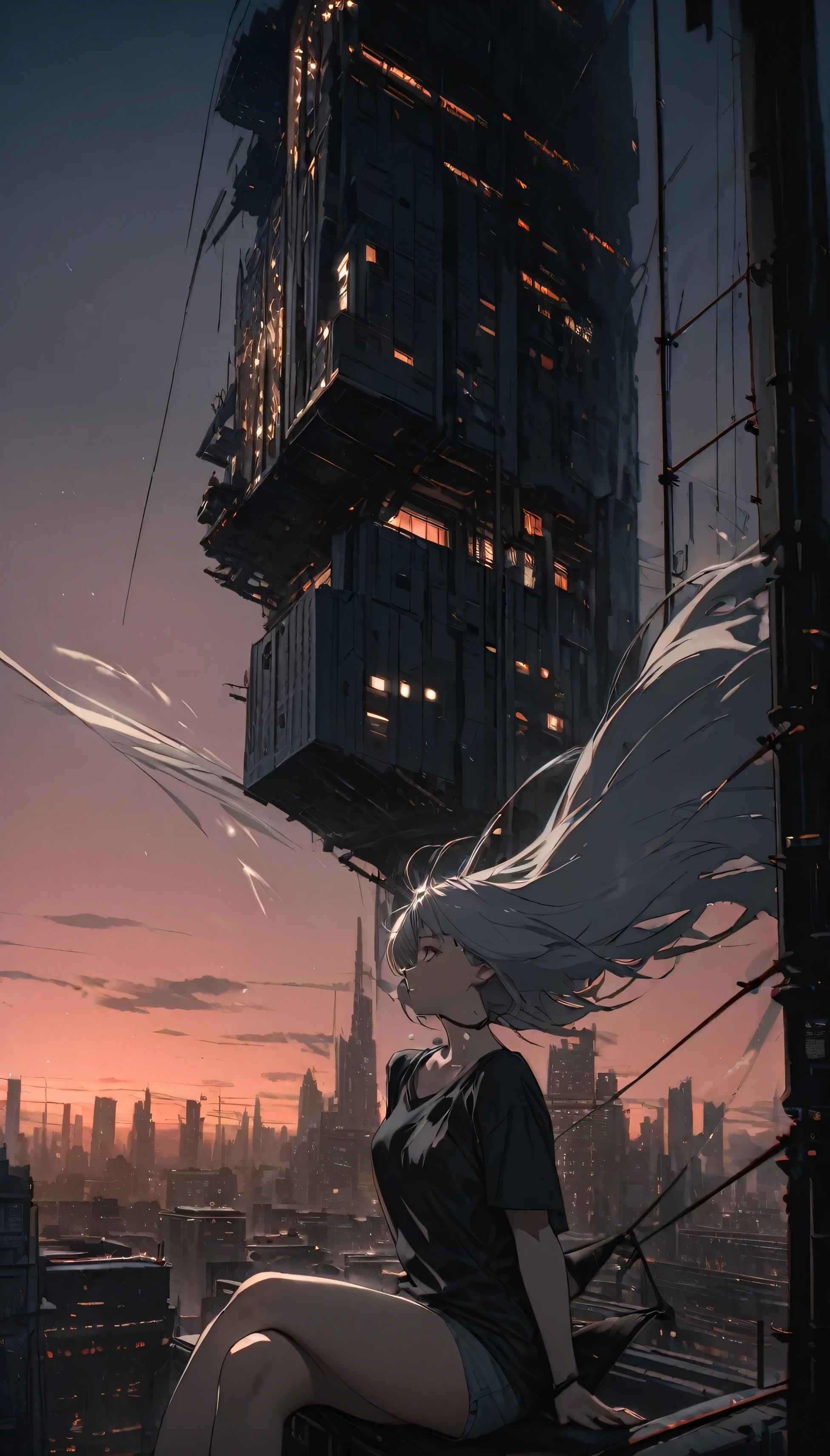 A woman sitting on a ledge with a city in the background - SeaArt AI