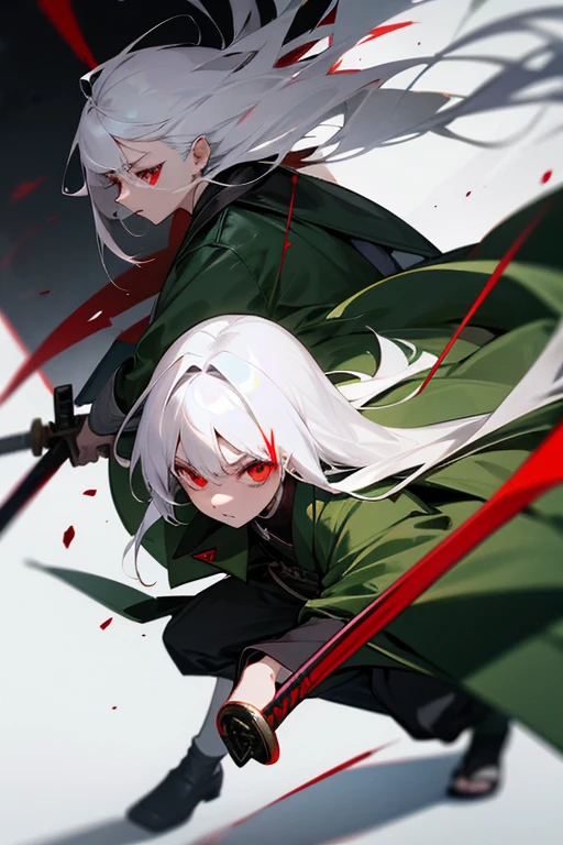 He was wearing a dark green coat and trousers.、A -yeld giwith red eyes and white hair, holding a Japanese sword、There is blood in my hair、They even kill people.。