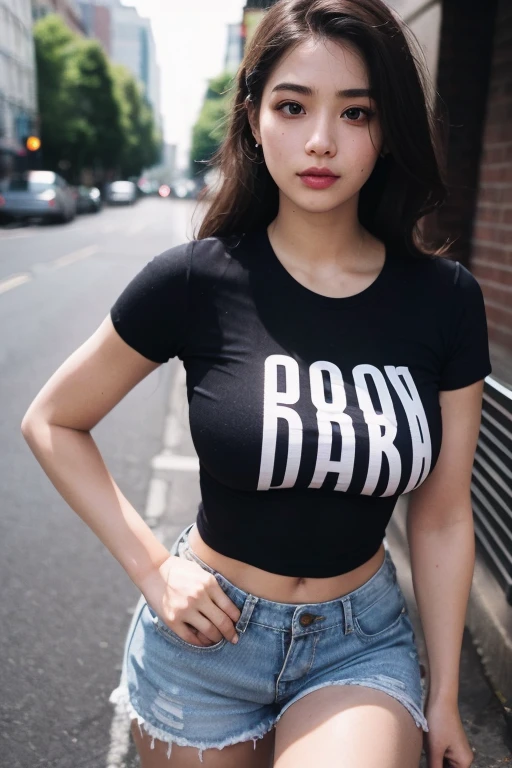 (solo), (detailed RAW full body shot of a girl), (masterpiece:1.0), (top quality:1.4), (ultra highres:1.2), (photorealistic:1.4), 8k resolution, Canon EOS R5, 30mm , absurd, highly detailed, (18 years old), sharp focus, cinematic lighting, beautiful facial details, (no make up:1,2), beautiful slim figure, detailed skin texture, big firm breasts , (slim and fit body :1, 6 ), brown hair detail, sexy, (very long hair:1,5), (t-shirt and ripped shorts:1,5), realistic shiny skin, (sweaty:1,2), detailed texture, (big :1 ,2), posing style, (full body:1,5), moist, casual style, front shots , citywalk background