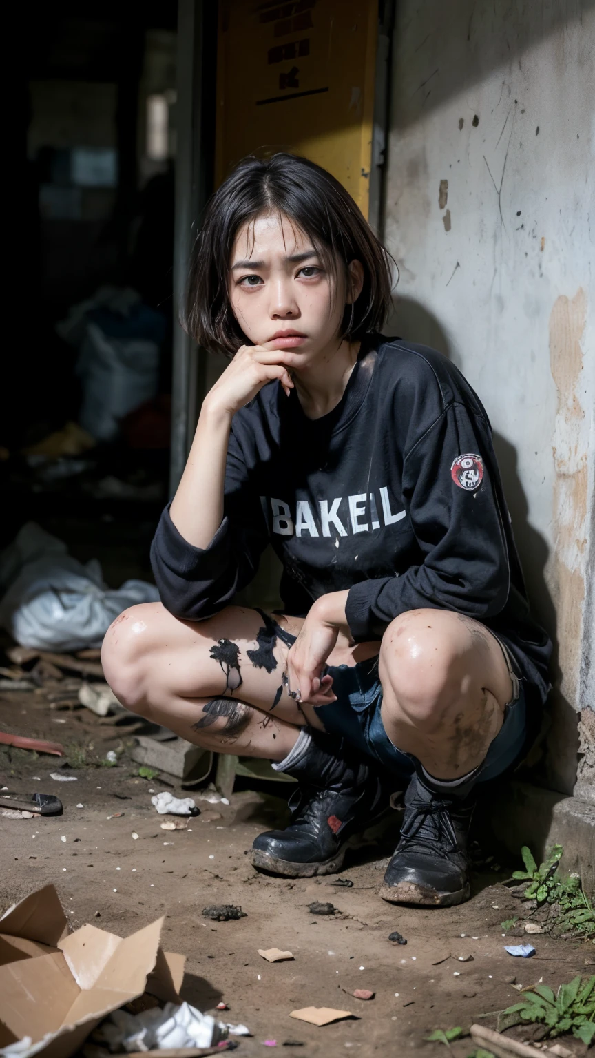 aespakarina,Bobcut,Beggar,beggar,(((Homeless))),in abandoned style room,Crouching,Angry face,Bad complexion,Dirty,Full of trash,Korean,18-year-old,woman,Pitch black,Tattered clothes,(((Bad mood))),((( Oil,Mud stains,shit,dirty))),(((Frowning,カメラをGlaring))),((((Rubble pile))),Very fine eye, (((Wearing tattered black clothing,He&#39;s wearing ripped black pants))),(((Tragic))),((photograph)),(((Fabric Shading))), (((highest quality))), (((masterpiece))) strong girl, ((((Realistic)))),,Black Hair, chic hairstyle, ((With bangs,ストレートミディアムBobcut, nice hair)), Light makeup,Red eyes, (((I&#39;m not wearing lipstick))), (nice, strong), Centered Images, Looking at the camera, Elegant colors,Realistic Skin,Realistic texture,８k,whole body,Pale skin,Red iris,Expressionless,Glaring,Perfect Face,(((Big eyes))),Holding a blank board