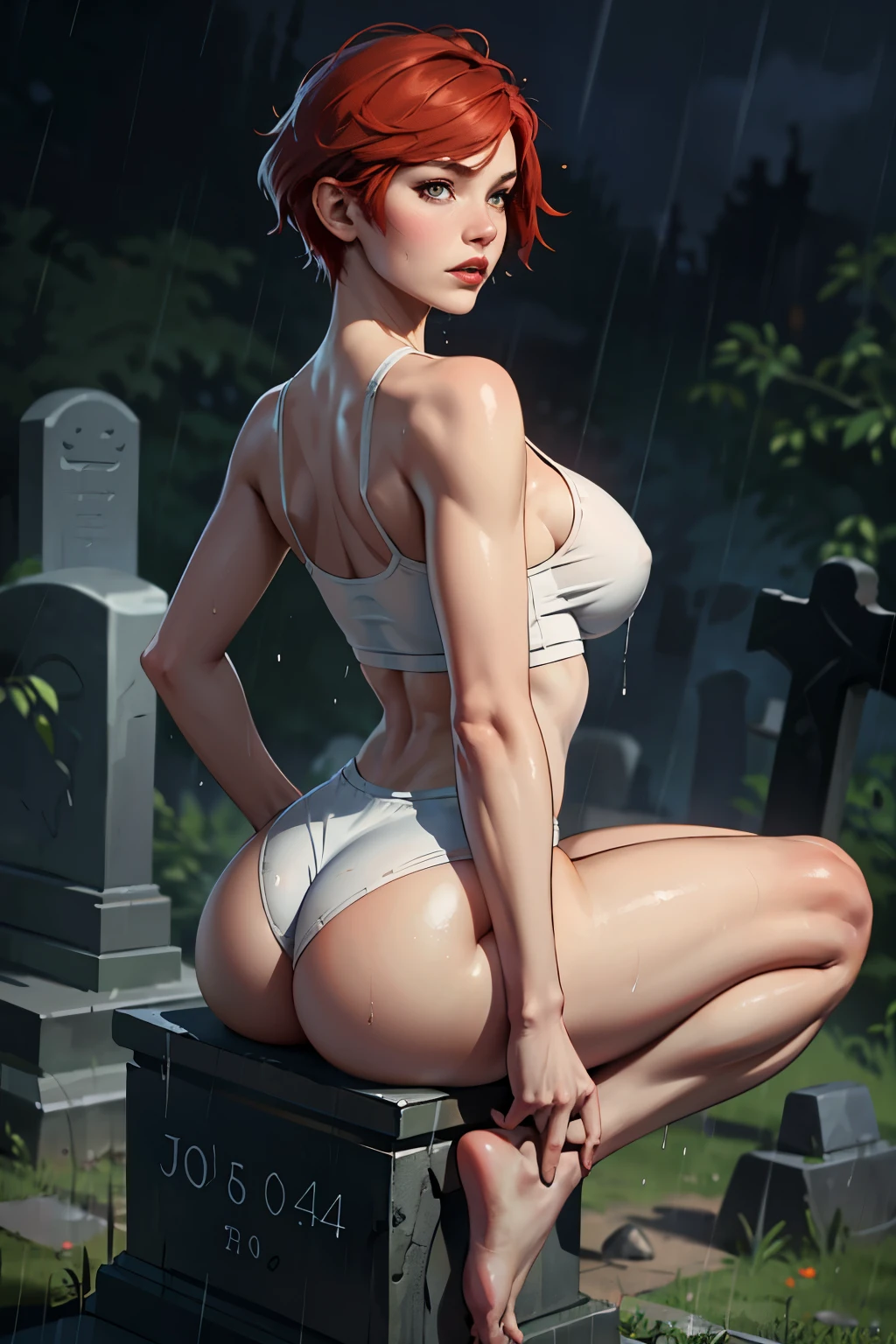 ((highest quality)), ((masterpiece)), (be familiar with), Perfect Face, (High definition), (Best Shadow), 8K, Cinematic, (Realistic:1.4),dramatic, (A woman pressing her buttocks against a gravestone), Looking up, (Red hair), ((extra short hair)), A lifeless look, (White Eyes), (Pure white skin:1.1), Voluptuous body, Alluring, Drenched white tank top, barefoot, Rain on the skin, Boneyard, 土葬のBoneyard, (heavy rain:1.4), Heavy rain in the middle of the night, ((Buttocks up:1.2))