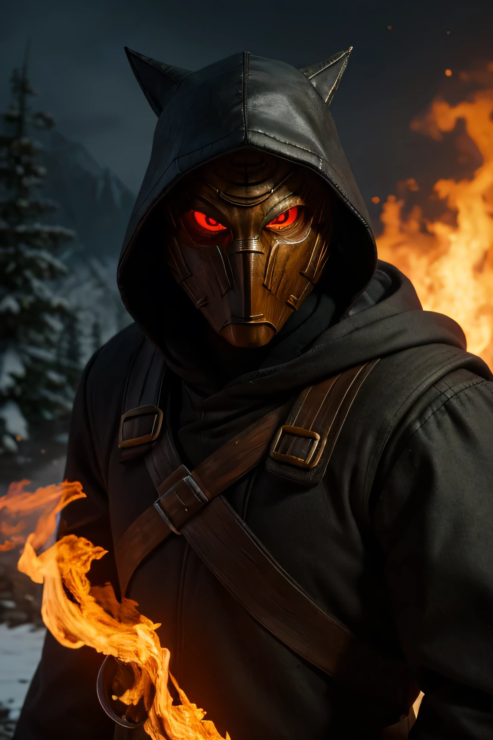 hyper realistic,staring the viewer,,eye contact,an men in overcoat with hood,elder,with a lowpoly mask,fire glowing eyes,(wooden mask),hand made mask,full face mask,,skyrim style,cooper,large shoulders,realistic fire
