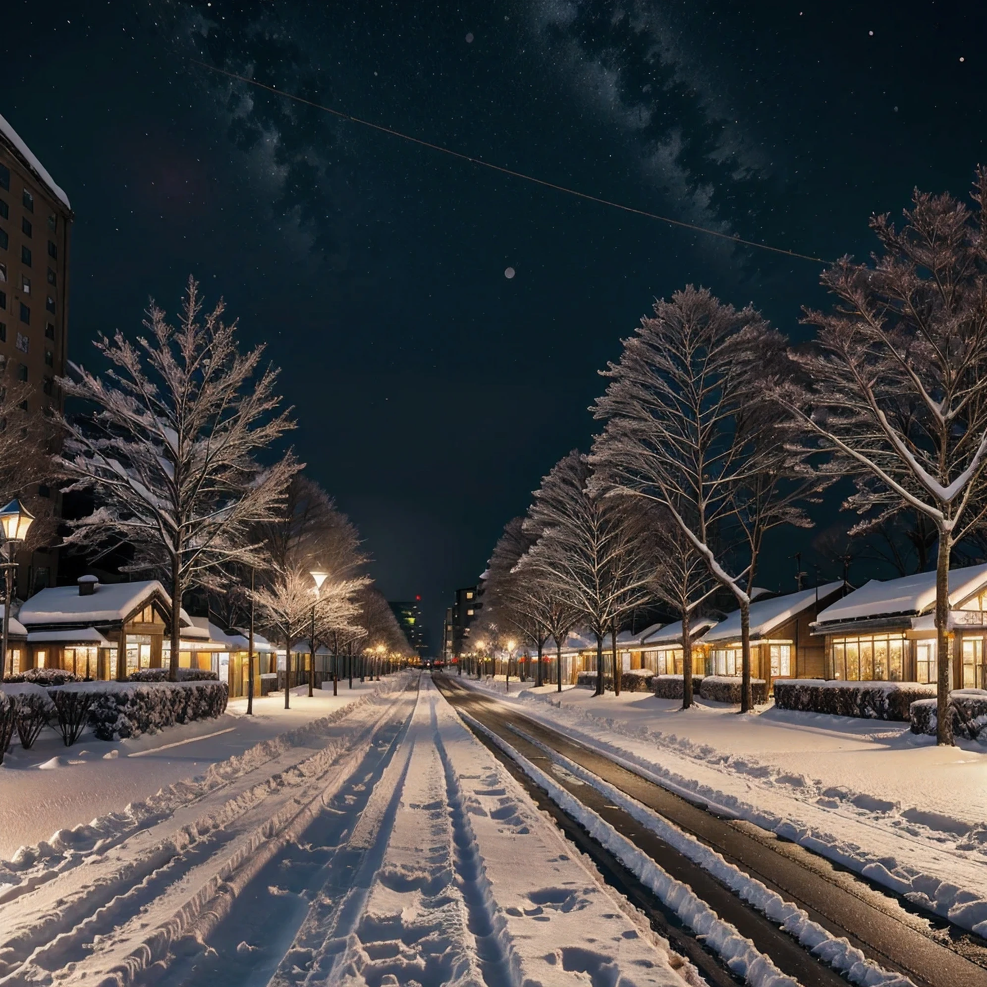 (No People), Unattended, No One, Landscape, Winter, Christmas, City, Tokyo, Sidewalk, Snow, Light Up, Night, HD Detail, Ultra Detail, Film, Hyper Realism, Soft Light, Deep Focus Bokeh, Ray Tracing, Art Station pixivgwise, Makoto Shinkai, Art Germ