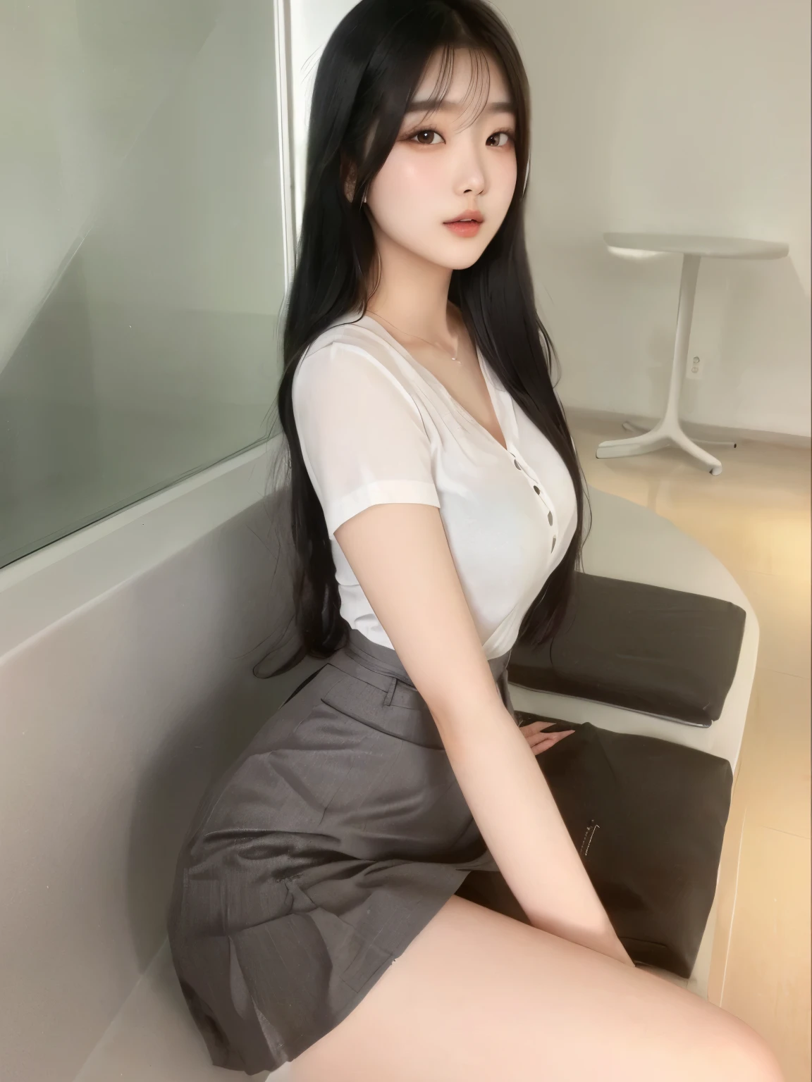 araffe asian woman sitting on a bench in a white shirt and grey skirt, korean girl, gorgeous young korean woman, beautiful south korean woman, sakimichan, korean woman, good young girl, beautiful young korean woman, asian girl, 2 2 years old, 18 years old, beautiful asian girl, jaeyeon nam, 21 years old