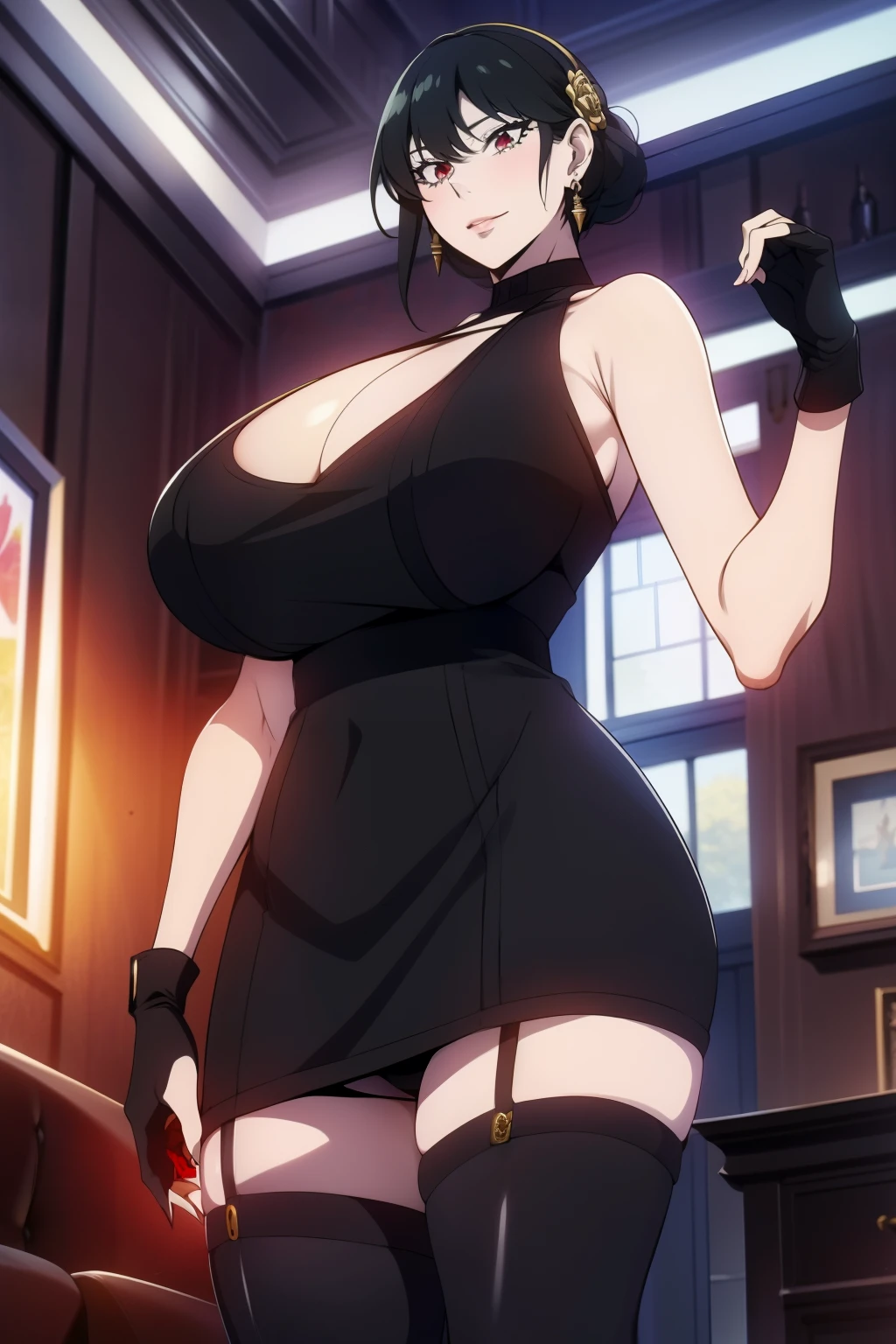 An anime-style artwork depicting yor from the anime spy x family

Tags: Yor Forger, black dress, holding, black hair, weapon, high heels, thighhighs, red eyes, two-sided fabric, high heel boots, boots,  hair ornament, flower, two-sided dress, fingerless gloves, black gloves, hair flower, black footwear, gold rose, bare shoulders, black thighhighs, gold hairband, rose print, earrings, sleeveless, sidelocks,  looking at viewer,  bare shoulders, standing,  earrings,  short hair with long locks, jewelry, closed mouth, bangs, anime, detailed eyes, detailed lips, ass, 1girl, red eyes, (black hair:1.1), solo, huge breasts, smiling expression, intense gaze, dynamic pose, indoor, palace, vibrant colors, digital art, high-resolution, professional quality, gigantic breasts, cleavage), curvy, cowboy shot, (gigantic breasts: 1.4),