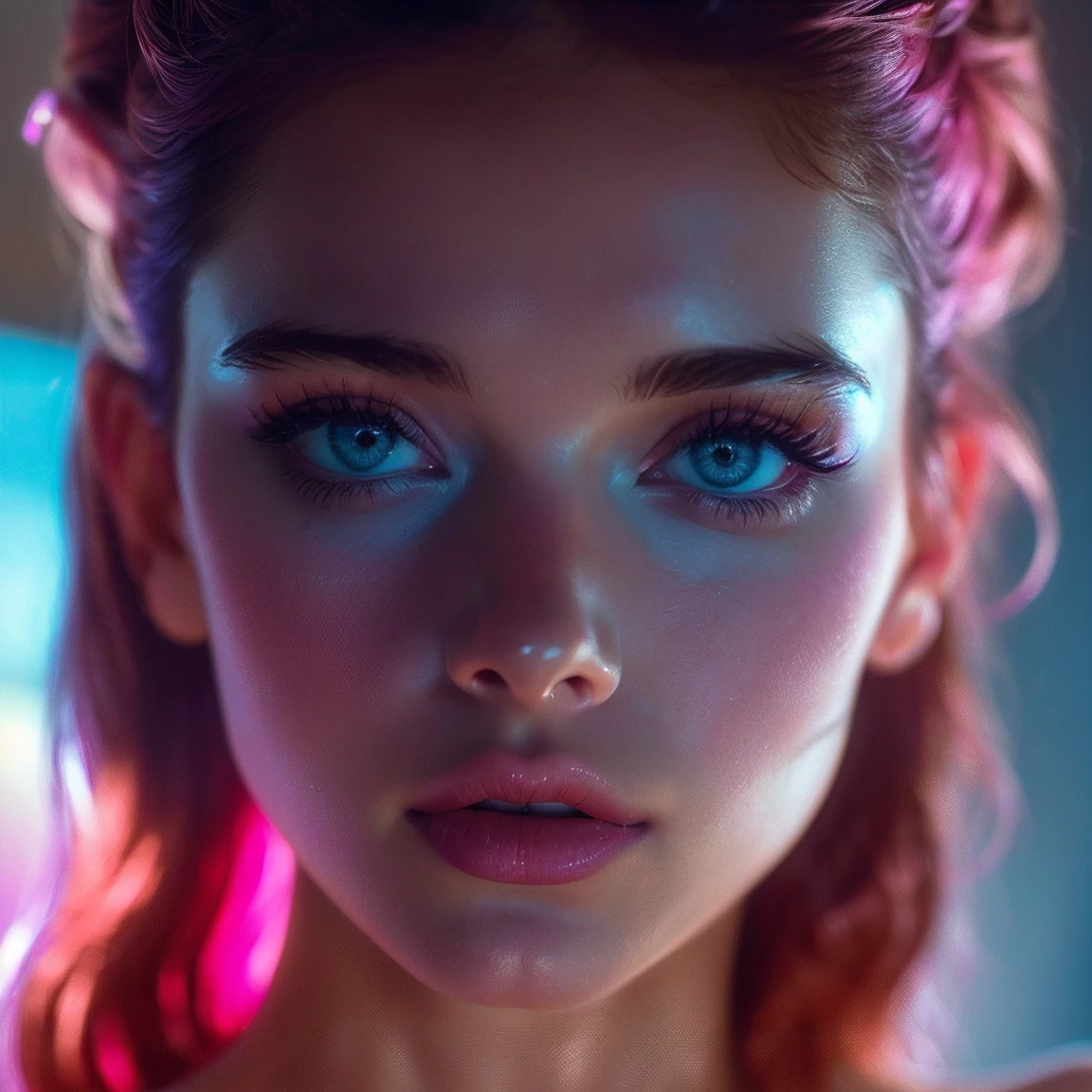 (((ultra realistic))) Photo, masterpiece, top quality, (pale skin), (Ultra detailed face and eyes:1.3), 1 girl, Adult, in a dress, ((brown eyes)), ((Eye makeup, pink mascara)), ((large detailed lips)), ((blue wavy hair)), ((Stylish hairstyle)) , (Natural breasts). ((Posing)), photoshoot, (Soft) Lighting, (The play of light and shadows), depth of field, bokeh, (special attention to skin detail: 1.2), Detailed leather texture, skin pores. (Erotic atmosphere of the frame. Color range - red, brown, purple, pink, white tones), UDR, ((Film grain)), ((rays)), (Glare), ((close-up portrait, close to the camera)) , ultra detialed.