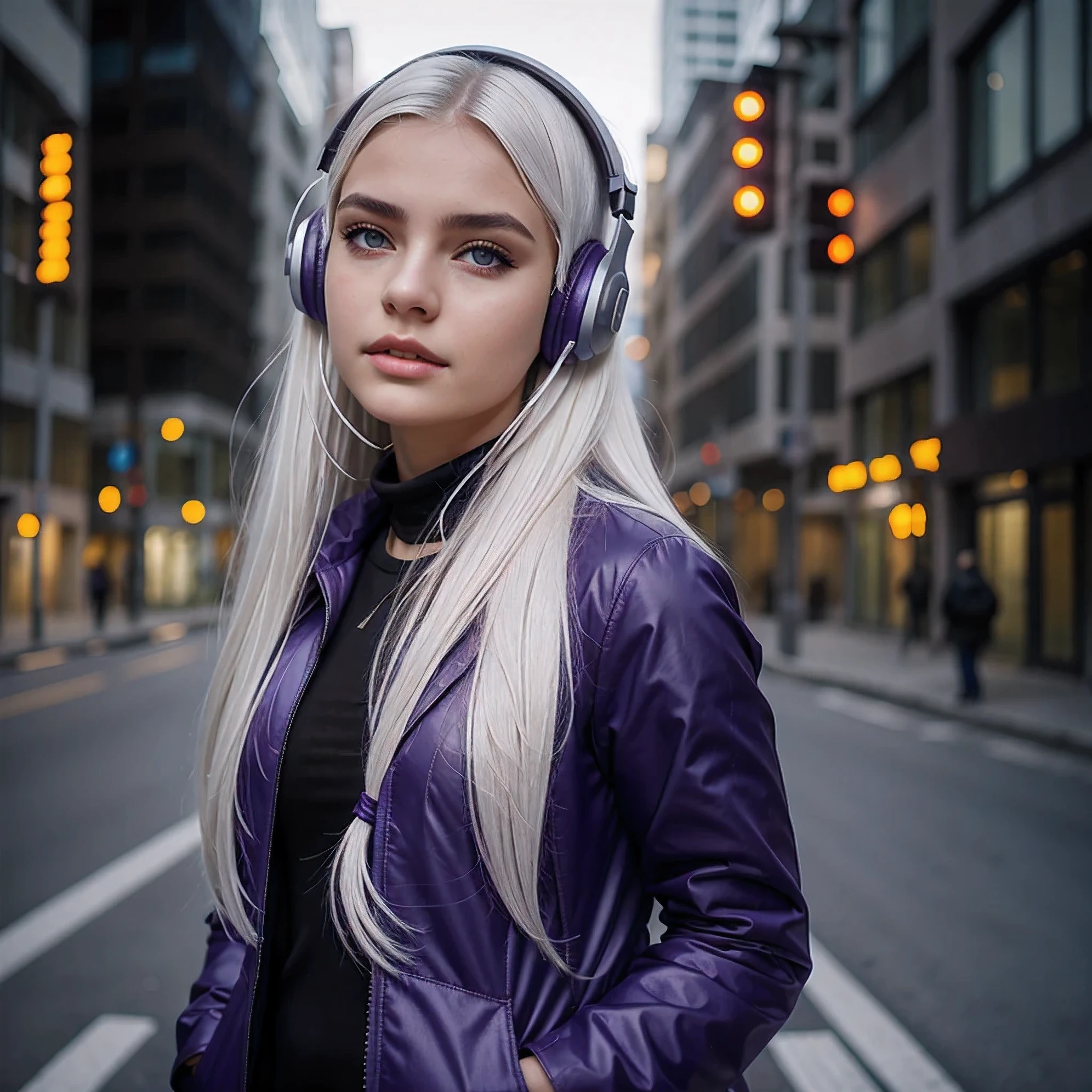 1girl, white hair, long hair, techwear masterpiece, bestquality, realistic, realism, dark purple jacket, portrait, detailed eyes, wearing headset, platinum hair, 21 year old girl, fashion pose, half body, wide shoot, on the street, cyberpunk