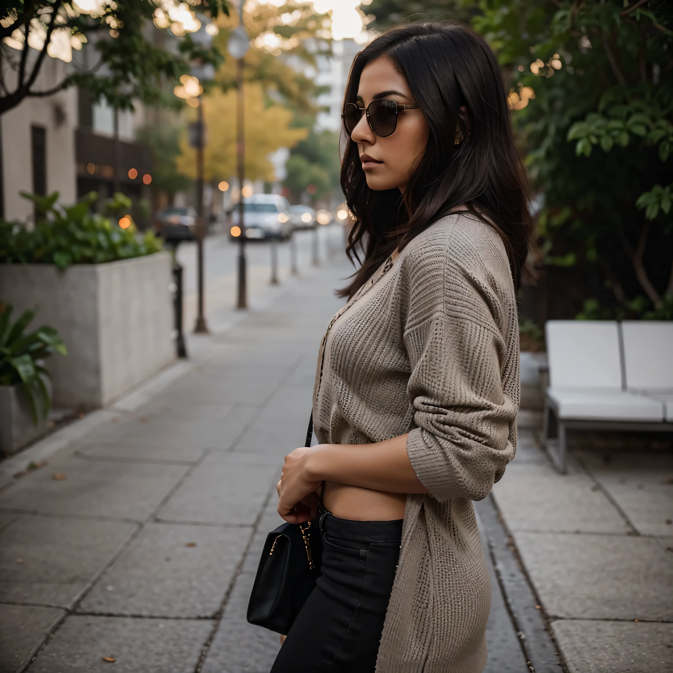 1 young latina girl, dark hair, boss lady vibes, dressed trendy and chic, wearing dark shades, with hair covering face, light and dark shades, grainy,  side profile photo  from chest up 